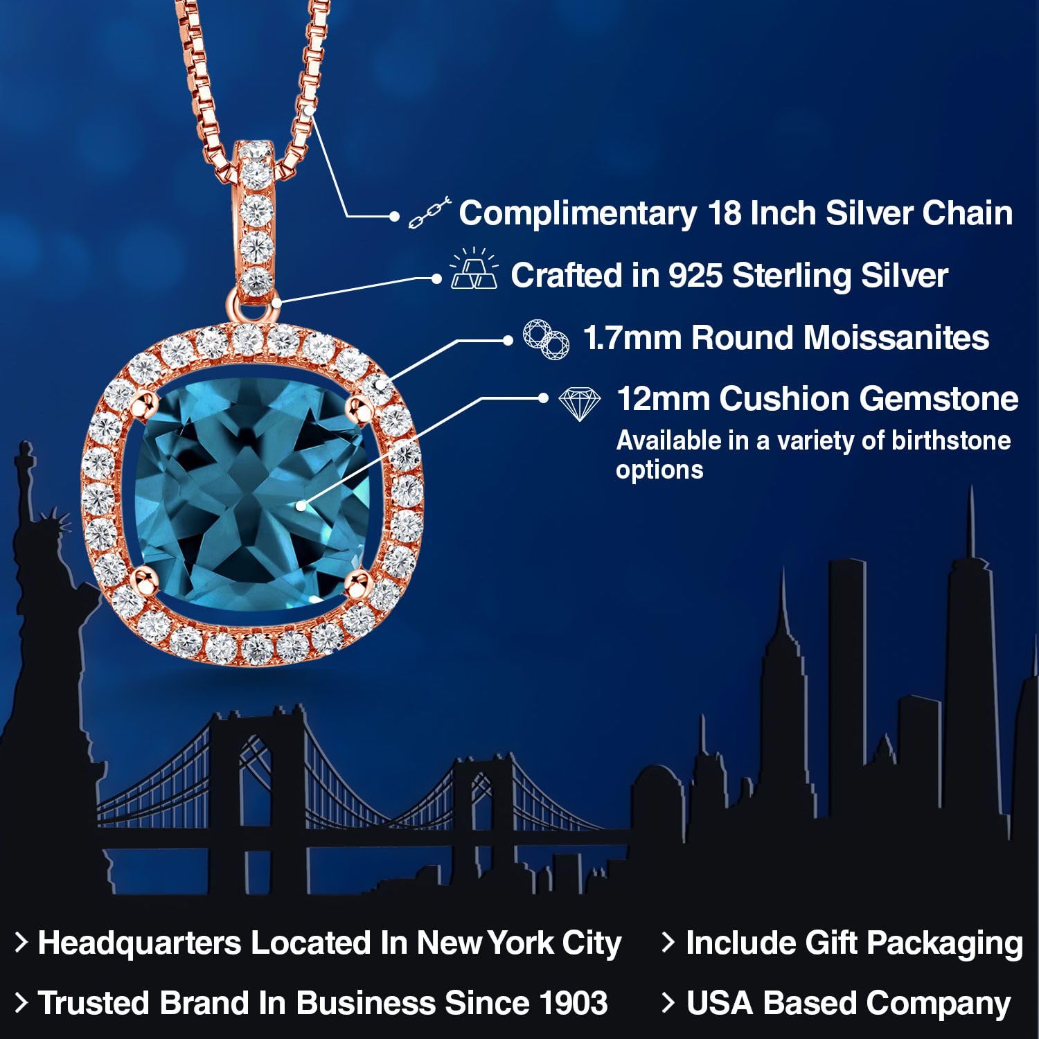 18K Rose Gold Plated Silver 12MM Cushion Gemstone Birthstone & White Moissanite Necklace for Women | Halo Pendant with 18 Inch Silver Chain | Perfect for Birthdays, Anniversaries & Special Occasions