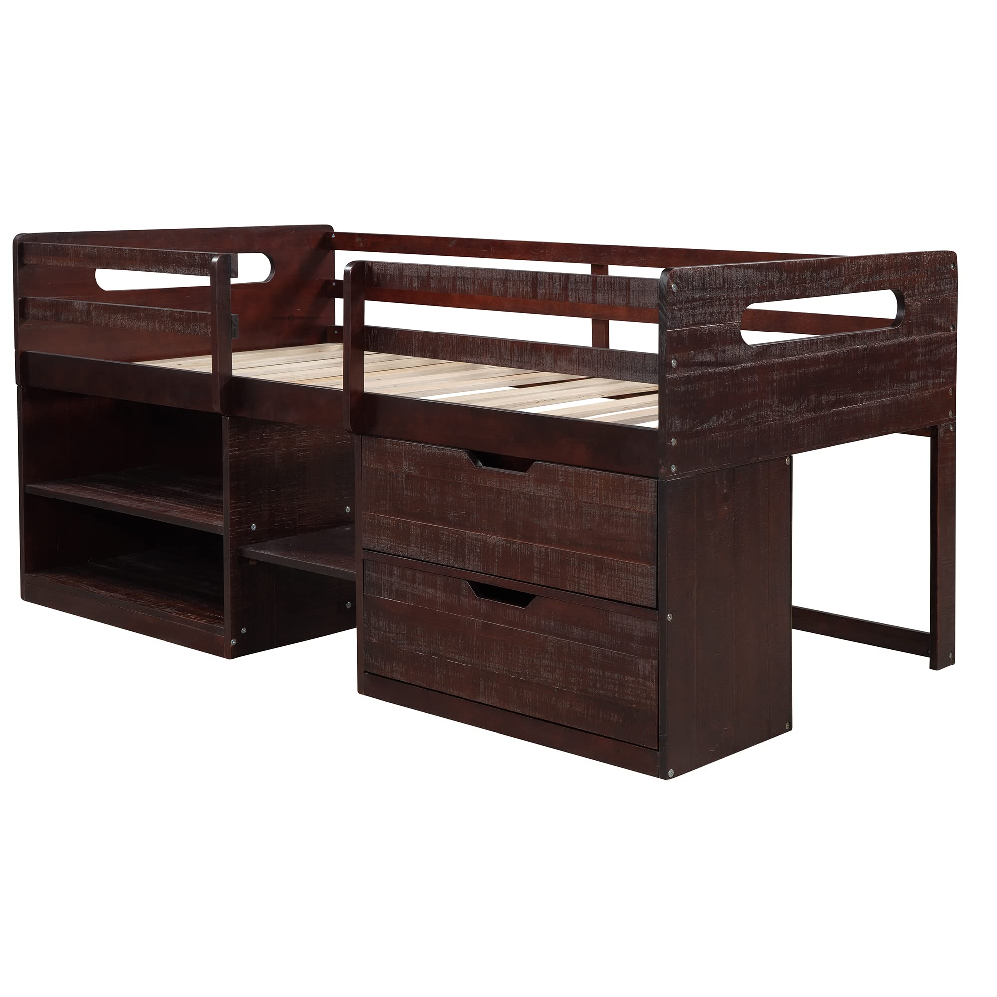 P PURLOVE Twin Loft Bed with 2 Shelves & 2 Drawers - Low Loft Bed Frame for Kids & Teens - No Box Spring Needed - Space-Saving Design for Small Rooms - Antique Espresso Finish - Perfect for Dorms, Apartments & Shared Bedrooms