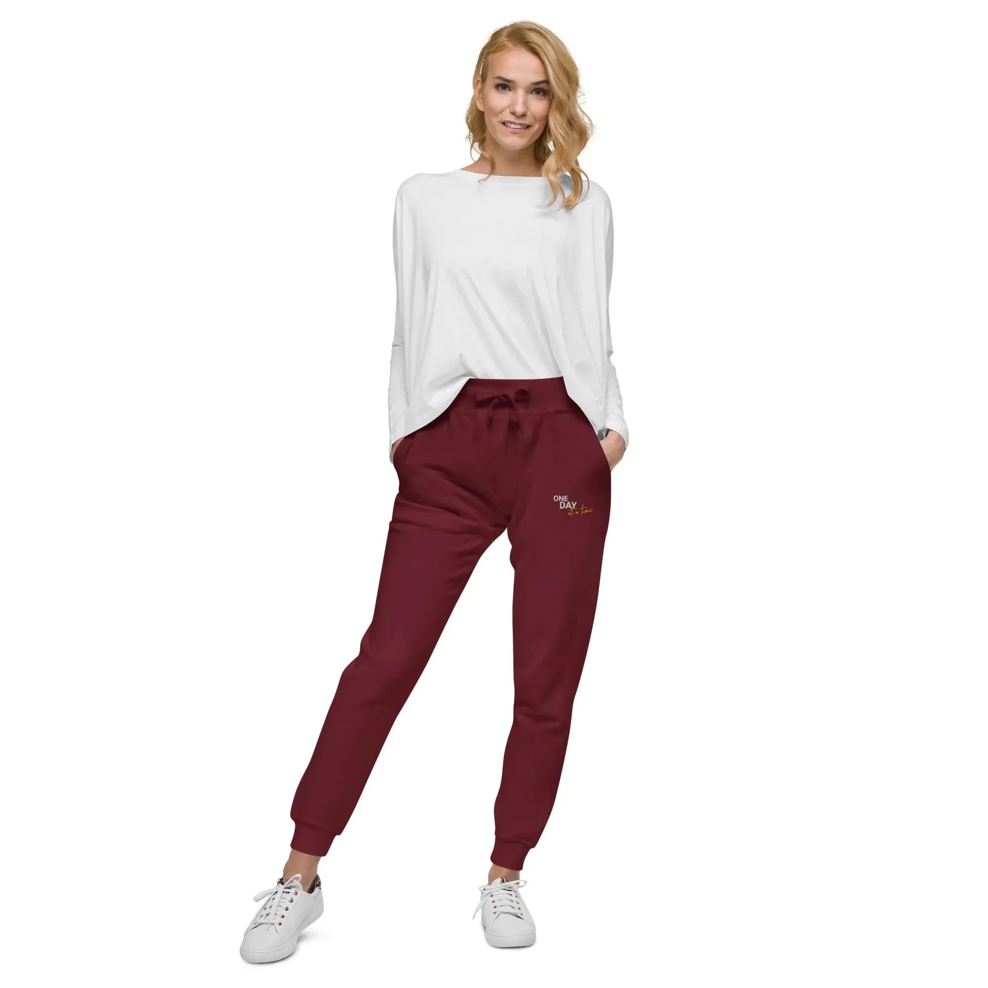 One Day At A Time Embroidered Unisex Fleece Sweatpants - Cozy Loungewear for Relaxing at Home, Yoga, and Casual Outings