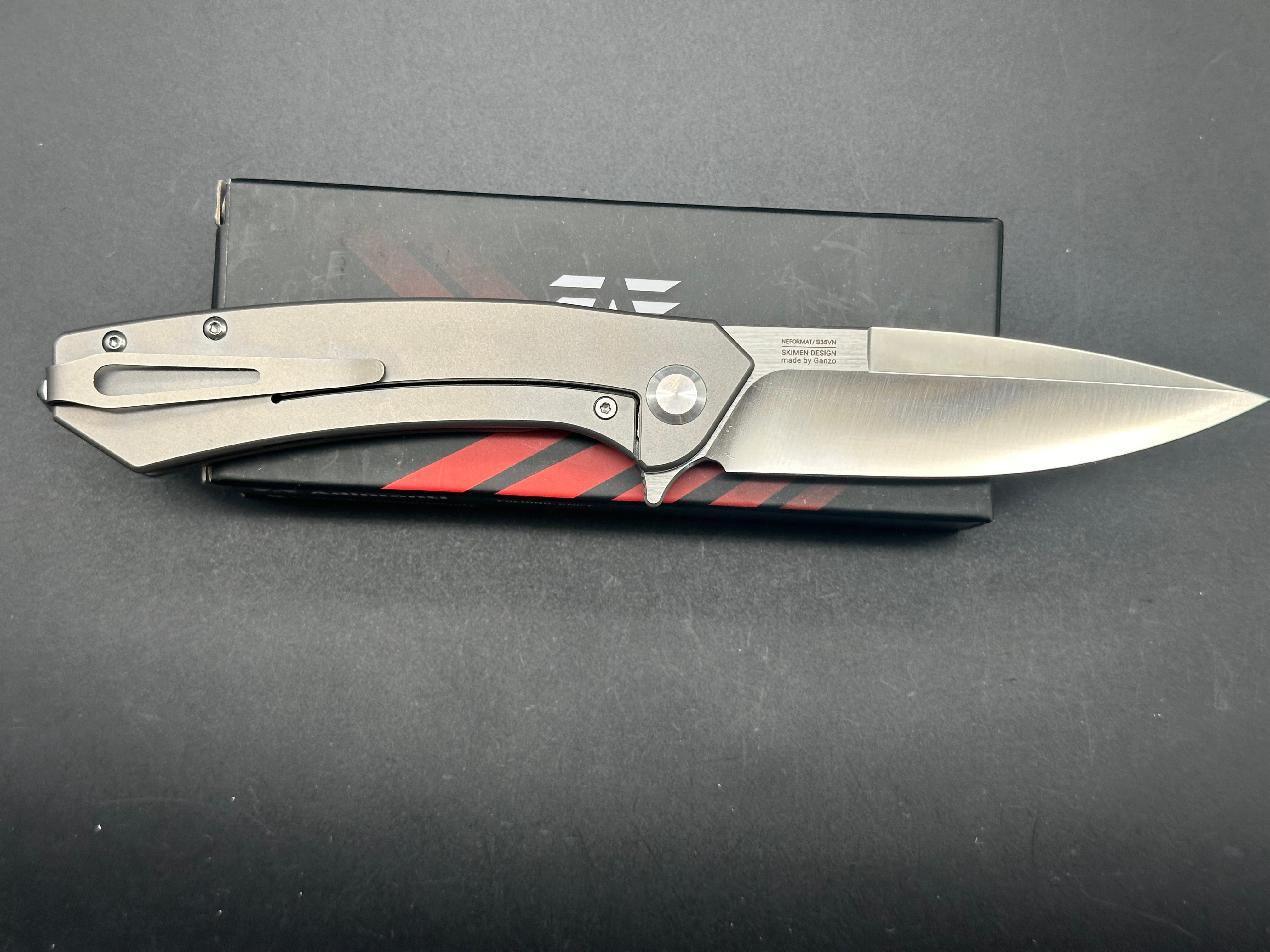 GANZO ADIMANTI SKIMEN TI Folding Knife - Gray Titanium Handle, S35VN Steel, Drop Point Plain Edge - EDC, Outdoor, Camping, Hunting Gear
