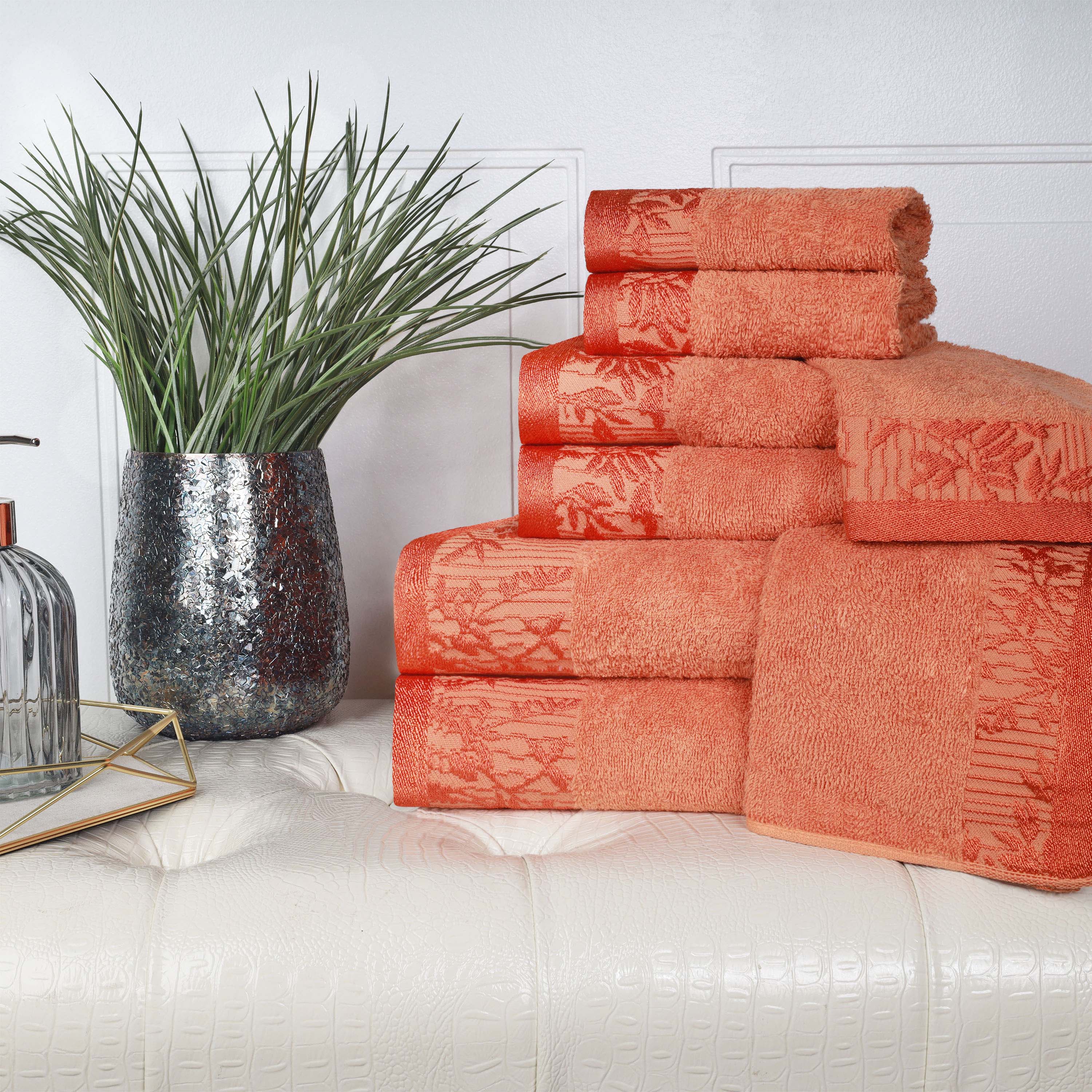 Premium Wisteria Cotton Floral Embroidered Jacquard Border 8-Piece Bath Towel Set - Soft & Absorbent for Spa, Bathroom & Guest Use