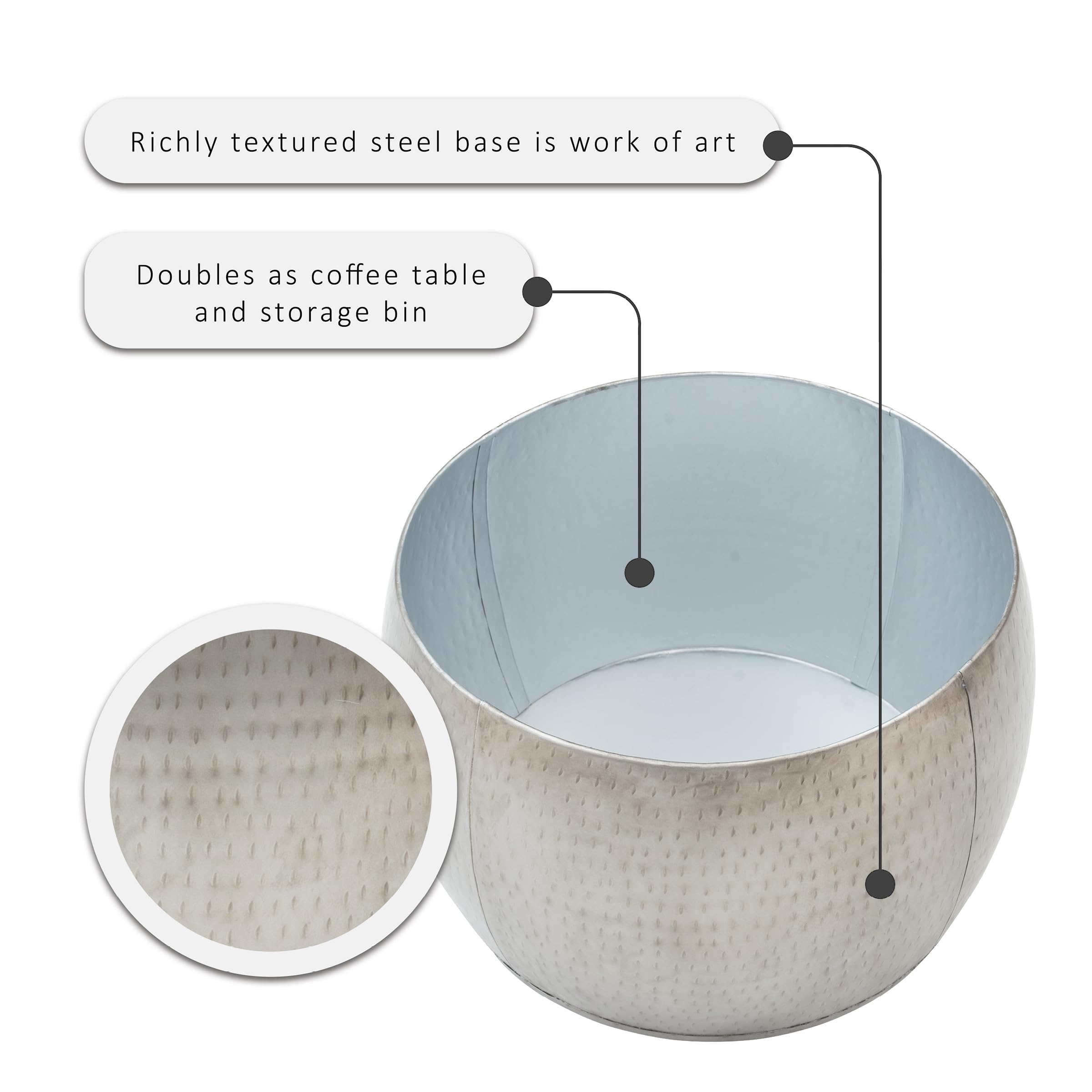 Powell Janice Small Silver Storage Drum Table - Stylish Side Table with Hidden Storage for Living Room, Bedroom, or Office