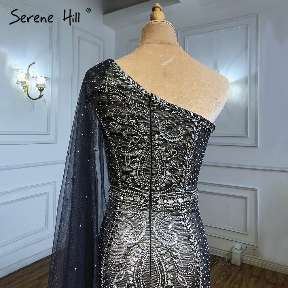 Elegant Grey Mermaid Evening Gown with Cape Sleeves & Beaded Details - One Shoulder Formal Dress for Women - Perfect for Prom, Gala & Black Tie Events - LA71270