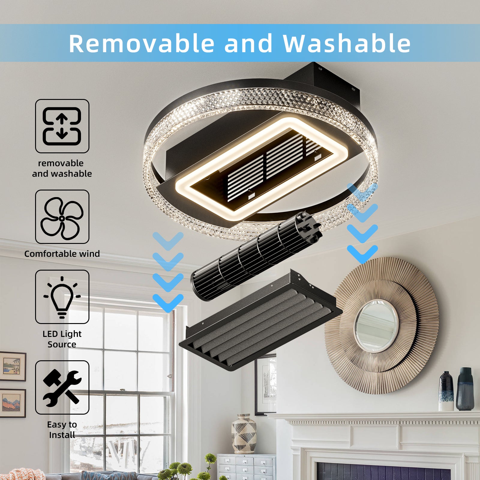 20 Inch Modern Leafless Ceiling Fan with Remote Control - Reversible Motor, Removable & Washable - Perfect for Bedroom, Living Room, and Office Spaces