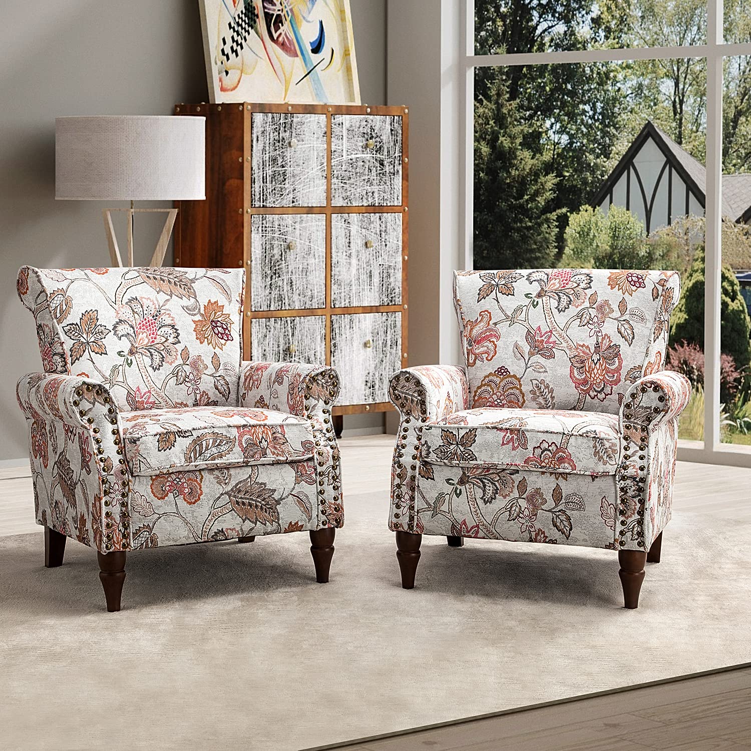 HULALA HOME Modern Wingback Accent Chairs Set of 2 with Wood Legs & Removable Cushion - Upholstered Armchairs with Nailhead Trim & Floral Pattern - Comfortable Living Room Bedroom Sofa Chairs in Pink - Perfect for Lounge, Reading Nook & Home Decor