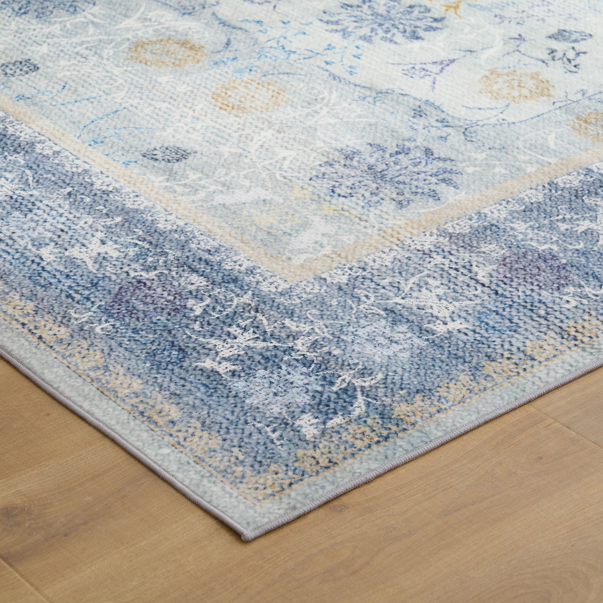 Easy Clean Washable Rug - Traditional Calm Blue Floral Border Design - Durable Spillproof & Pet Friendly Non-Slip Pad - Perfect for Living Room, Bedroom & High Traffic Areas