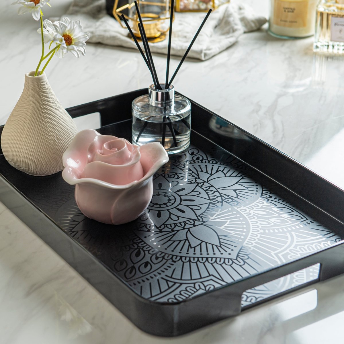 La La Mandala Black Melamine Gallery Tray 11.5 x 16 Inches - Elegant Serving Tray for Home Decor, Dining, and Entertaining
