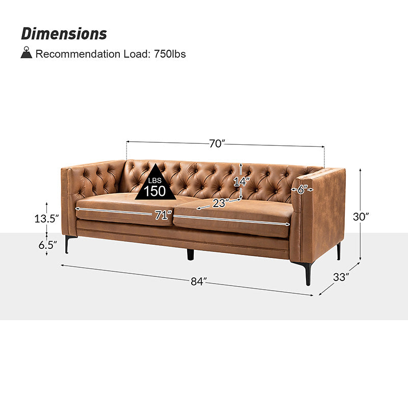 84'' Vegan Leather Tufted Sofa - Modern Faux Leather Couch for Living Room, Office & Lounge - Comfortable Mid-Century Style Sectional with Button Tufting