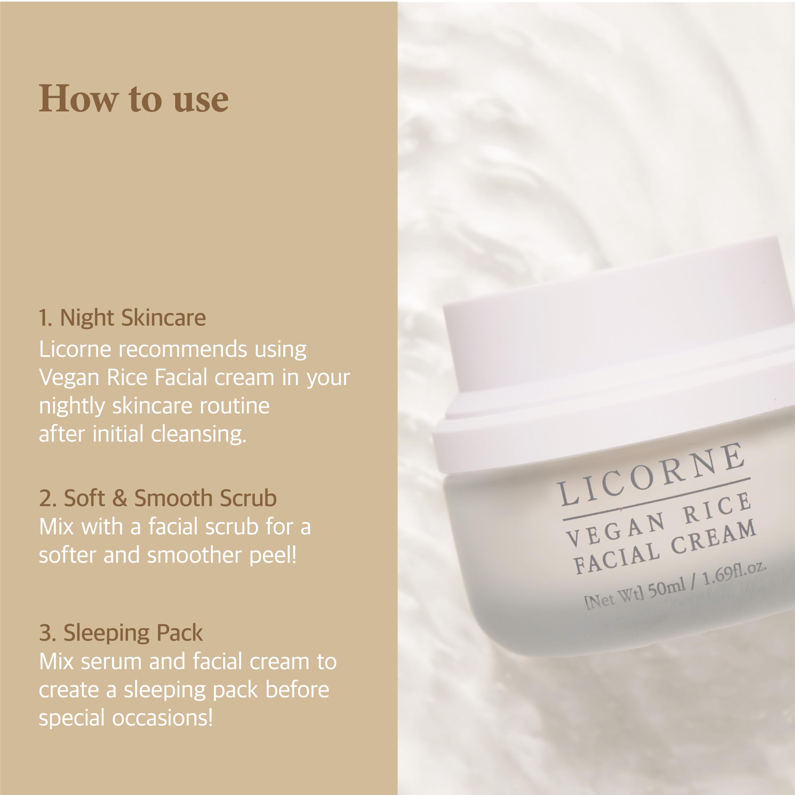 LICORNE Vegan Rice Facial Cream 1.69 fl.oz - Korean Skincare for Dry & Sensitive Skin - Hydrating Moisturizer for Day & Night Use