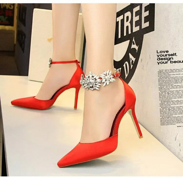 Elegant Buckle Strap Silk Pumps Shoes for Women - Comfortable High Heel Dress Shoes for Party, Wedding & Evening Events