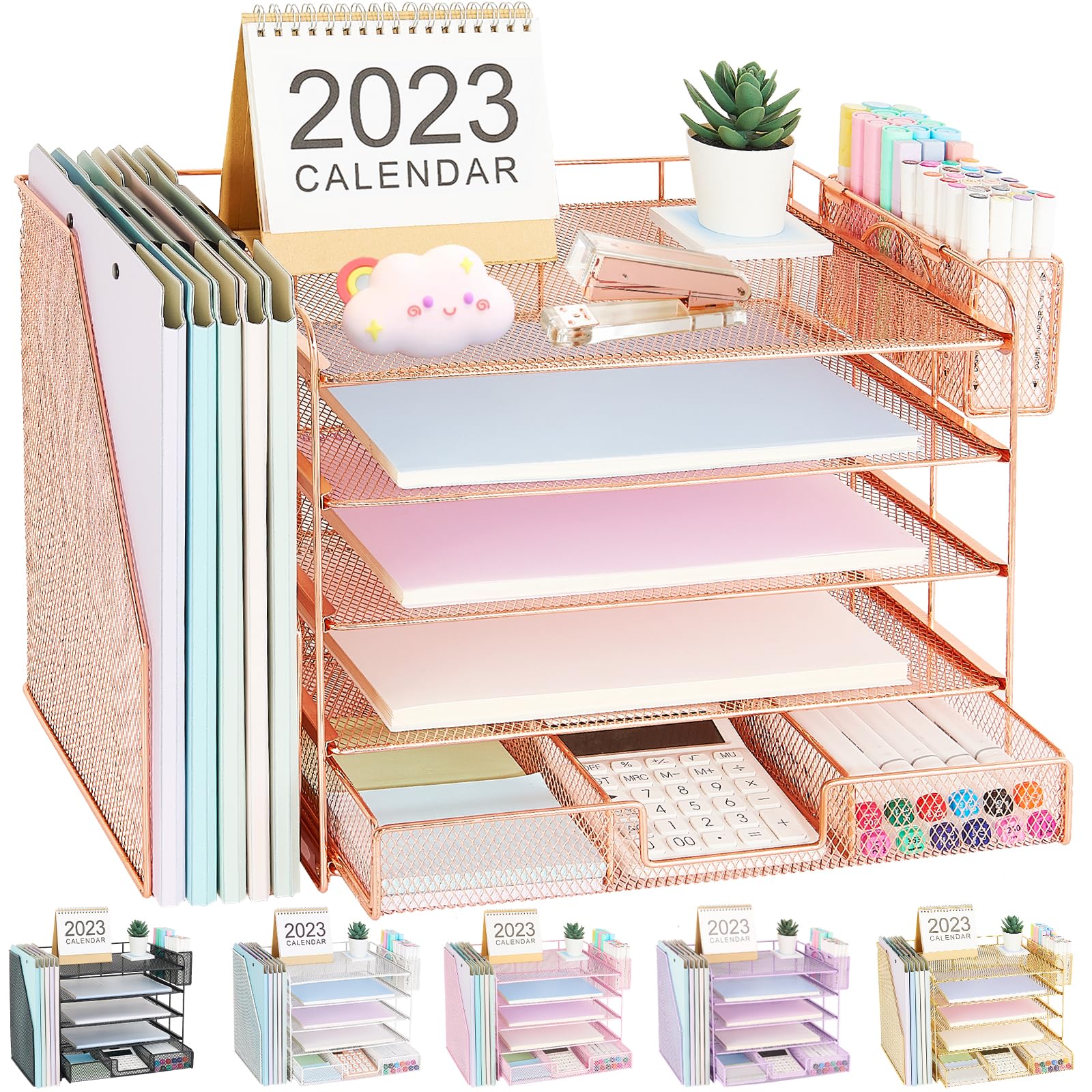 5-Tier Desk Organizer with File Holder, Drawer & Pen Storage - Rose Gold Paper Letter Tray for Office Organization | Perfect for Women's Workspace, Home Office & School Supplies Management