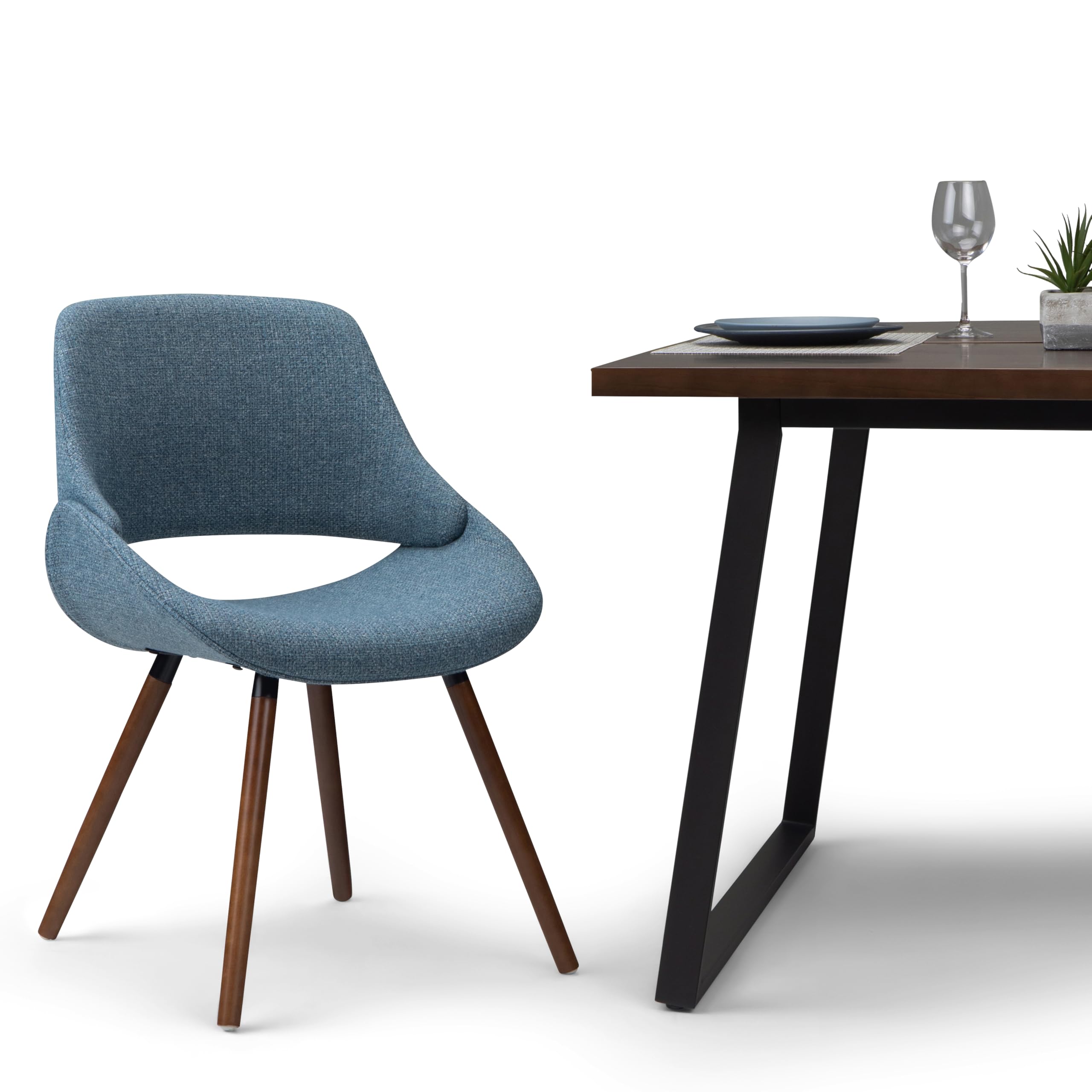 SIMPLIHOME Malden Dining Chair - Denim Blue Woven Fabric, Bentwood Design with Walnut Veneer Legs, Modern Curved Seat (22.8