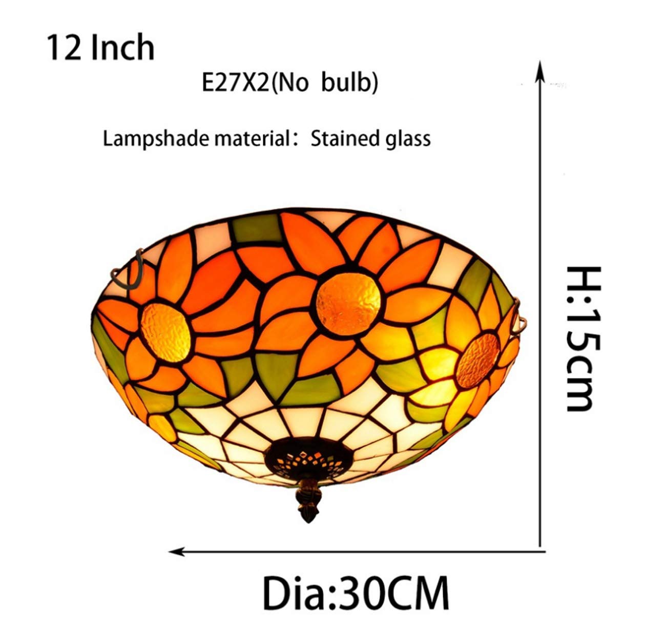 12 Inch Tiffany Style Sunflower Stained Glass Flush Mount Ceiling Light Fixture - E27 Base, 110-240V (Bulbs Not Included) - Perfect for Bedroom, Living Room & Dining Room Lighting Decor