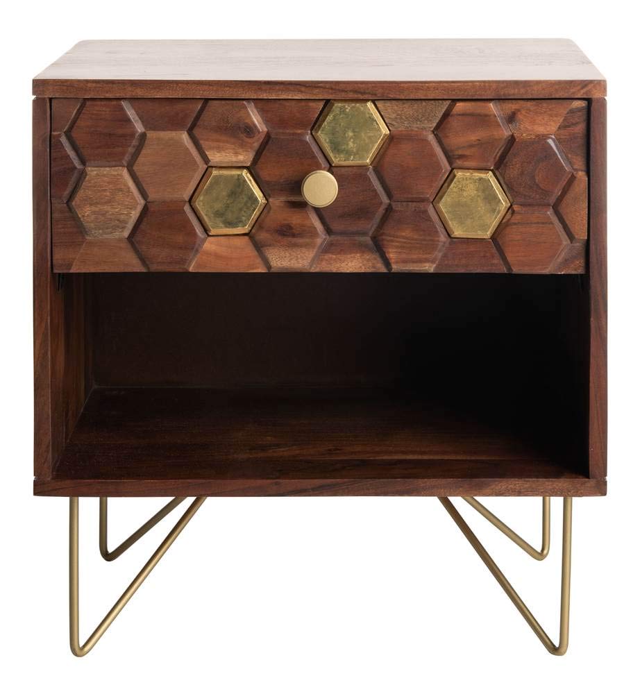 Safavieh Raveena Modern Honeycomb Nightstand with Natural Wood & Brass Hairpin Legs - Perfect for Bedroom, Living Room, or Office Side Table