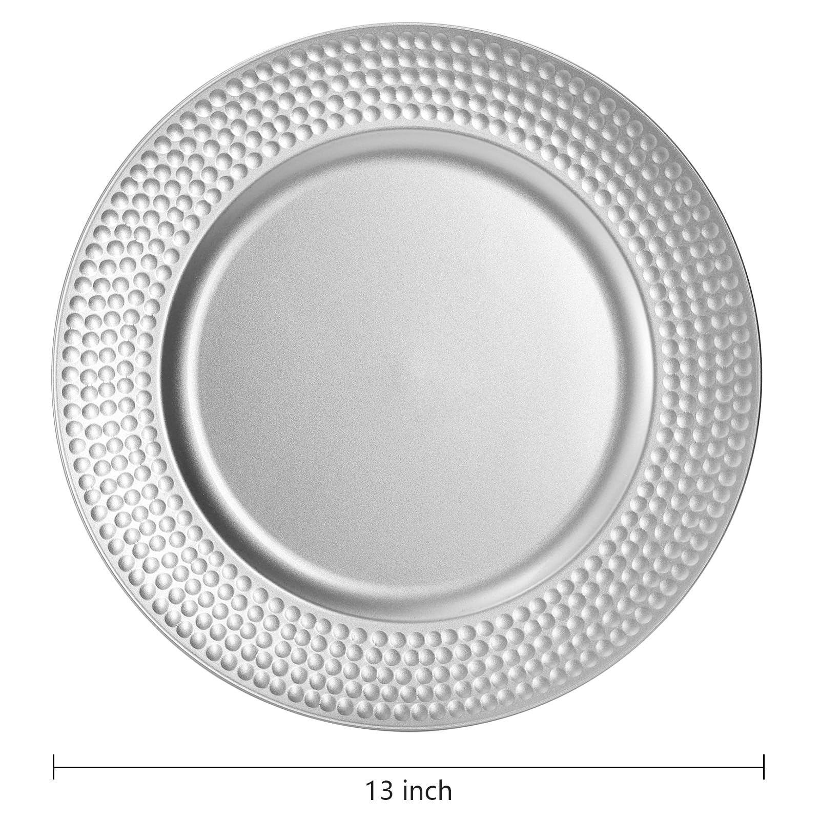 Nicunom 12-Pack Silver Plastic Charger Plates Set - 13 Inch Round Decorative Dinner Plates with Hammered Rim for Wedding, Party & Special Events - Perfect for Table Settings, Buffet Displays & Holiday Decorations