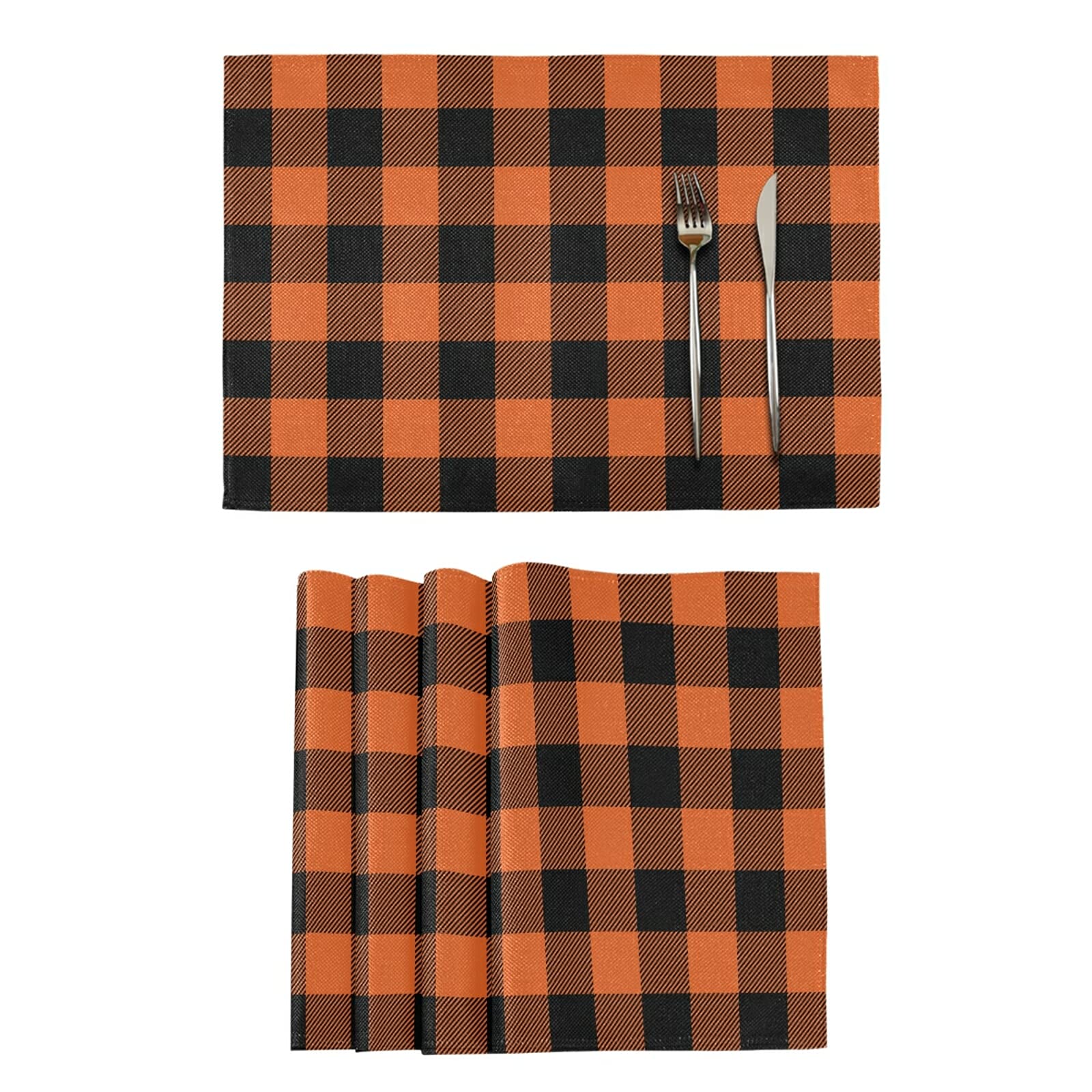 Halloween Placemats Set of 6 - Orange Buffalo Plaid Table Mats for Dining & Kitchen - Washable, Easy Clean 12