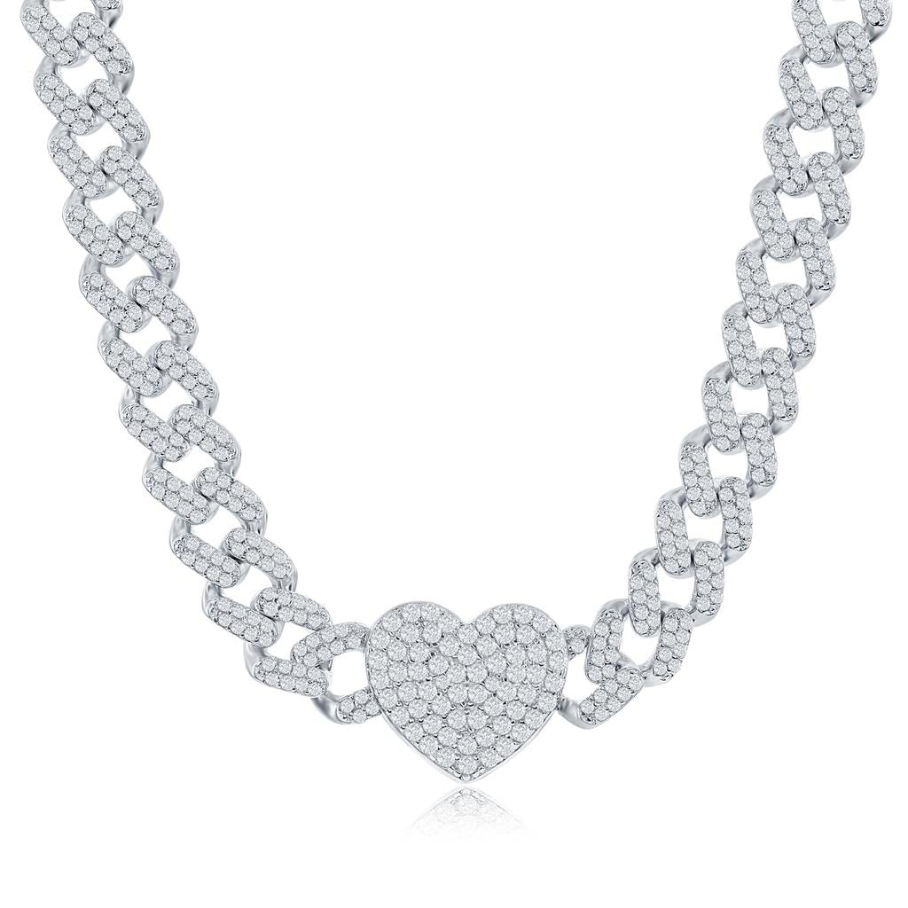 Heart Monaco Link Chain with Simulated Diamond CZ 18” Necklace | Sterling Silver Unisex Jewelry for Men & Women | Perfect for Valentine's Day, Anniversary & Date Night Gifts