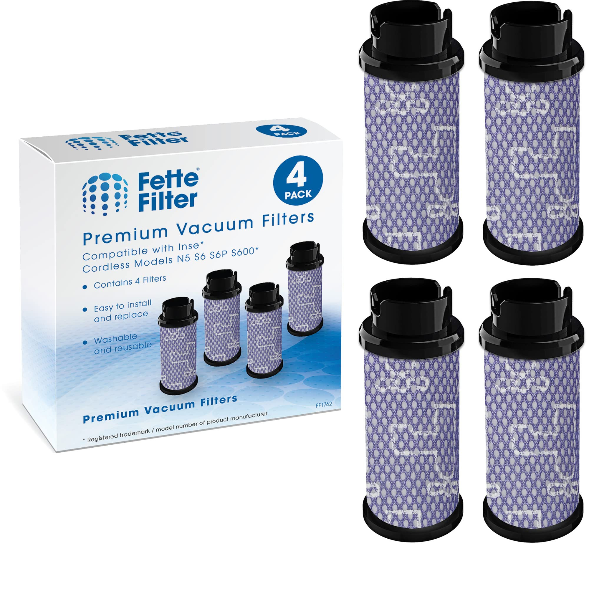 Fette Filter - 4-Pack Vacuum Cleaner Replacement Filters Compatible with Inse N5 S6 S6P S600 Cordless Vacuums | HEPA Filter for Dust & Allergens | Ideal for Home Cleaning & Pet Hair Removal