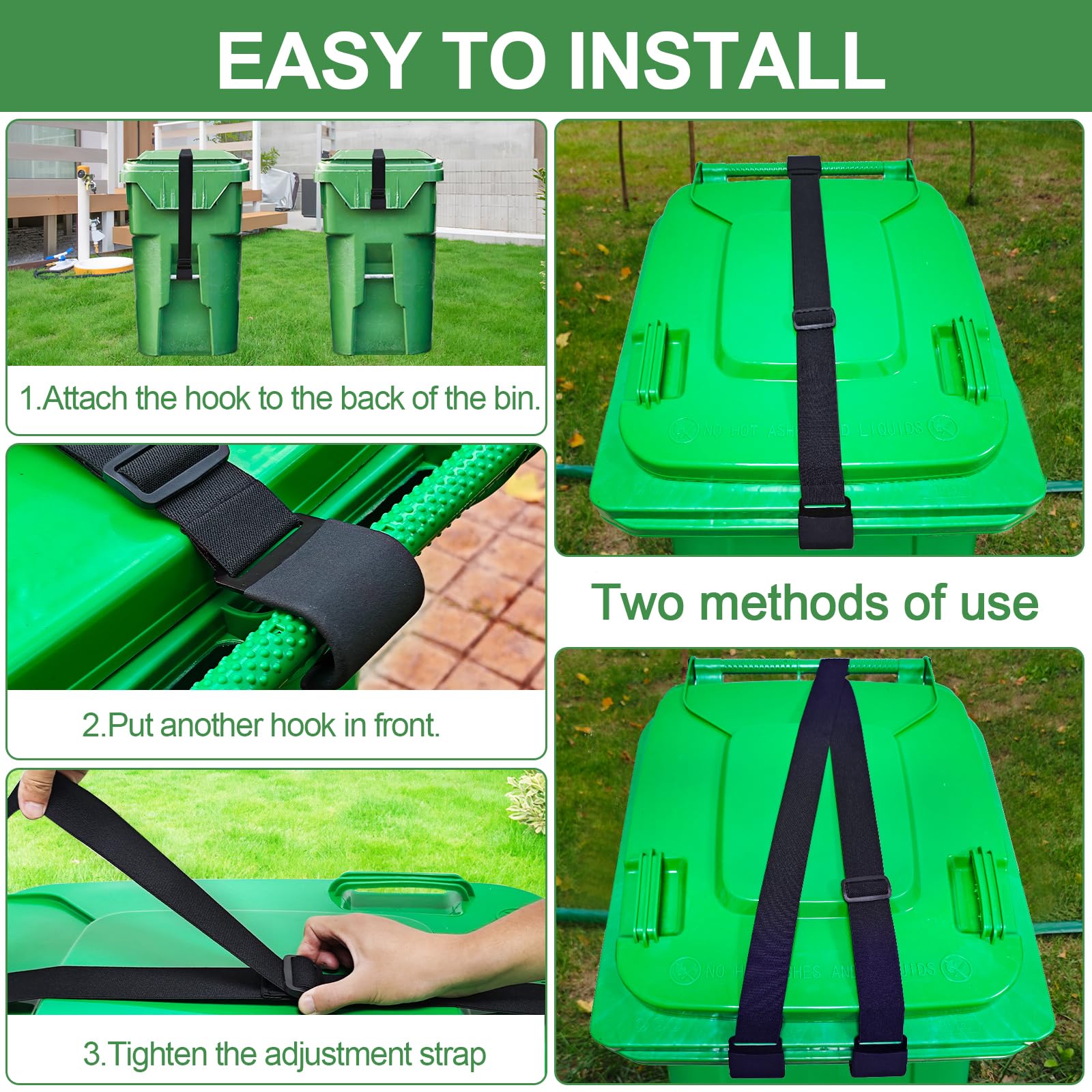 Heavy Duty Metal Double Claw Trash Can Lock - Raccoon & Bear Proof Garbage Bin Straps - Universal Bungee Cord Animal Proof Lock - Secure Trash Cans from Wind & Wildlife (2 Pack) - Perfect for Outdoor Use in Backyards, Camping & Wildlife Areas