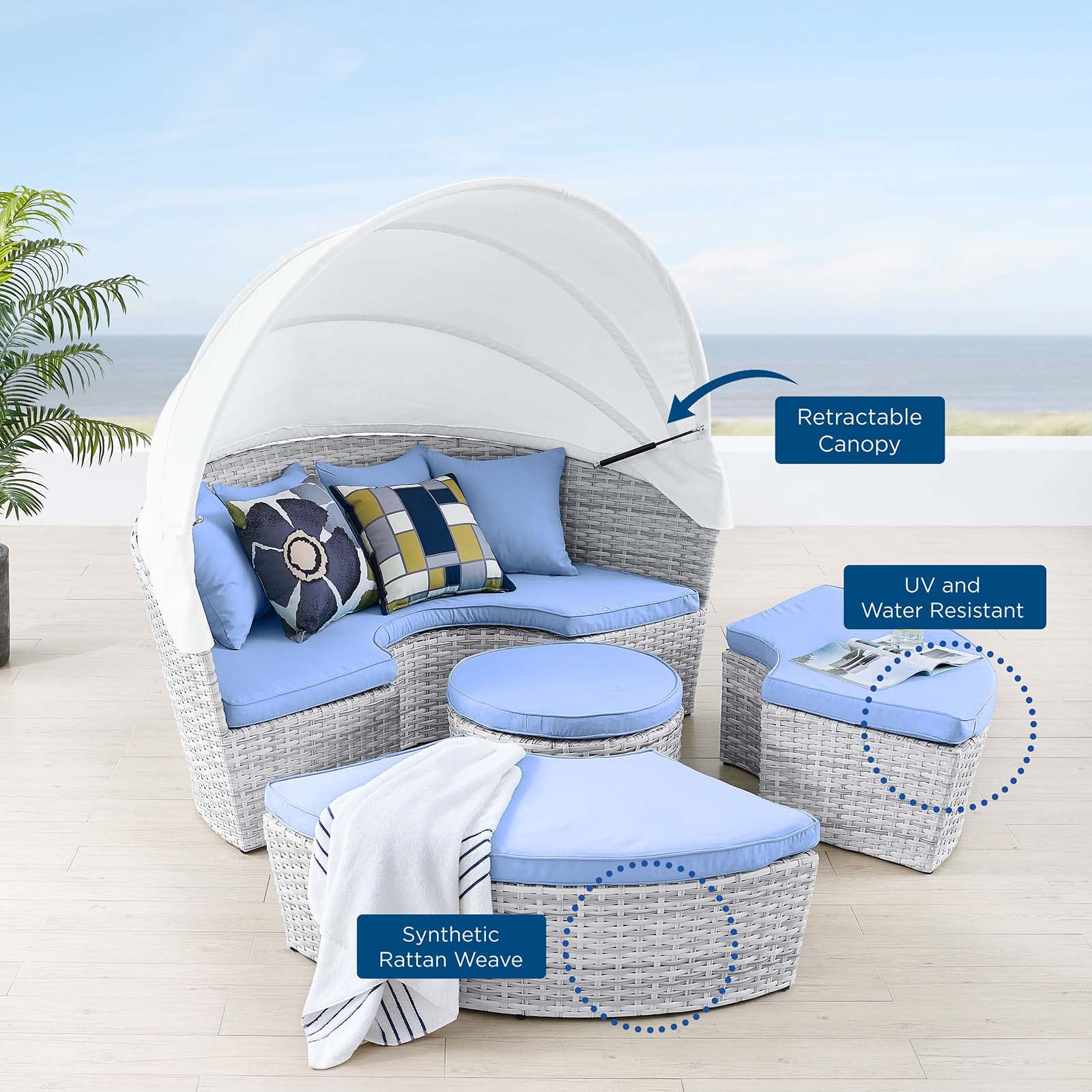 Modway Scottsdale Outdoor Patio Wicker Rattan Sectional Daybed with Canopy - Light Gray & Blue Weather-Resistant Furniture for Backyard, Poolside & Garden Relaxation
