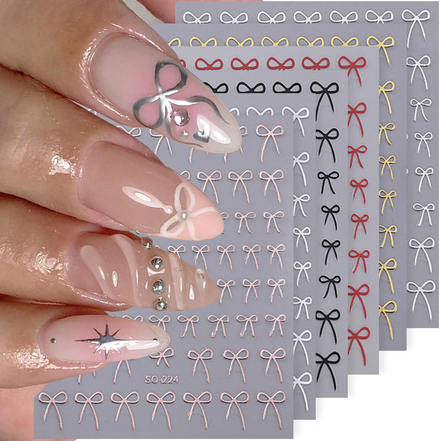 6 Pcs Valentine's Nail Stickers - Black White Gold Bow Nail Art Decals | DIY Manicure Kit for Women, Party Decorations & Gift Ideas for Girlfriends