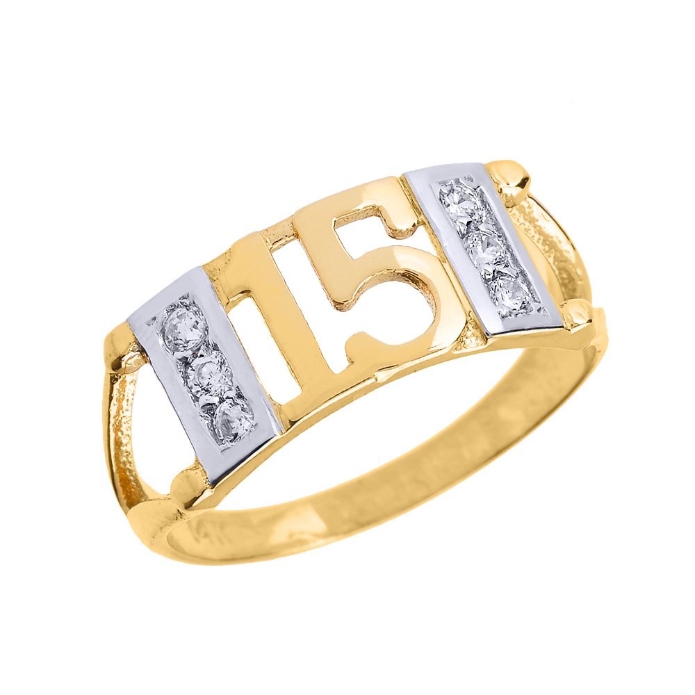 14K Yellow Gold Sweet 15 Años Quinceanera Ring with 0.10ct CZ Stones - Size 7 | Elegant Birthday Gift for Teen Girls & Quinceañera Celebrations