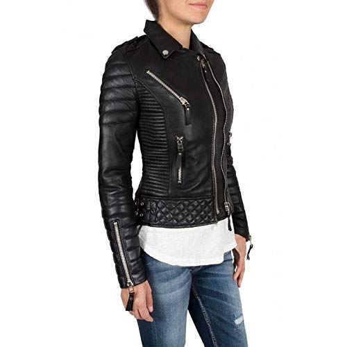 Women's Genuine Leather Motorcycle Jacket - Stylish Black Biker Outerwear for Riding & Casual Wear
