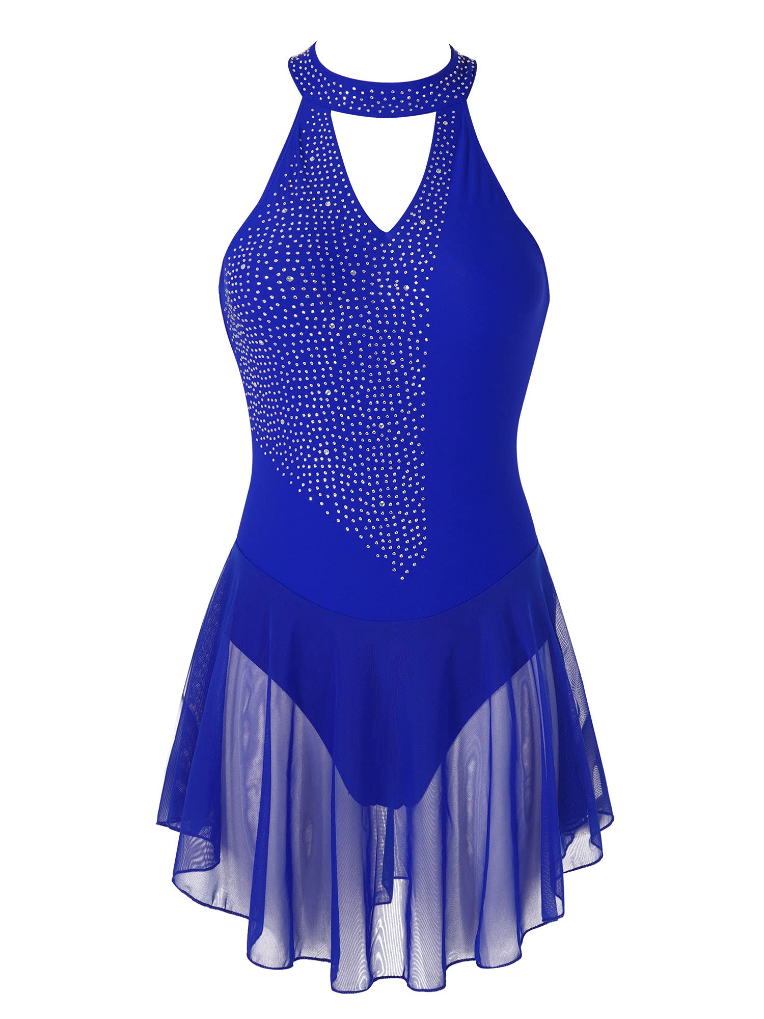 XUNZOO Women's Figure Skating Dress - Halter Neck Sleeveless Rhinestone Leotard with Skirt for Ice Skating Performance & Competition Costume | Perfect for Ice Shows, Competitions & Practice