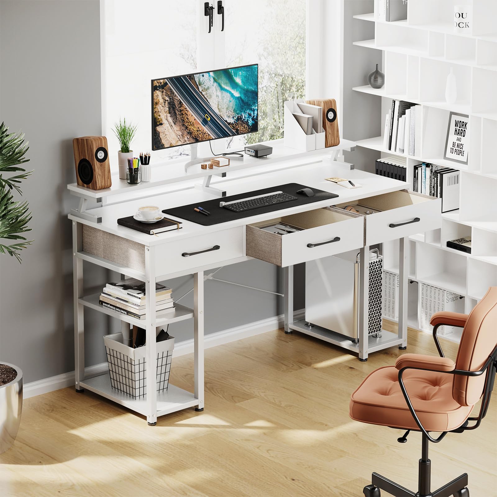 ODK 3-Drawer Reversible Desk, Computer Table with Monitor Stand, Home Office Workstation (120x50x90cm, White) - Perfect for Small Spaces, Remote Work & Study