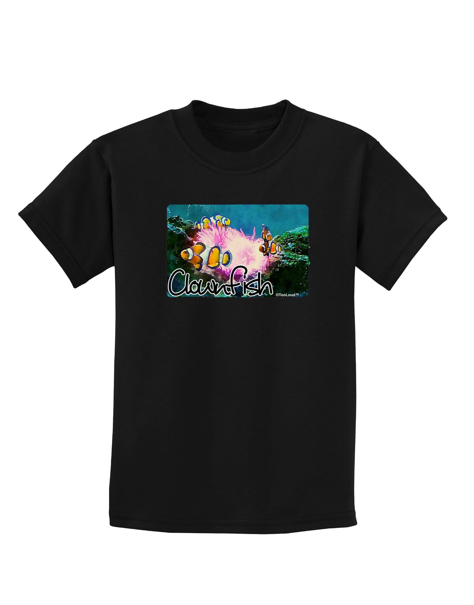 TOOLOUD Clownfish Watercolor Print Kids Dark T-Shirt - Fun Cartoon Animal Graphic Tee for Boys & Girls, Perfect for School, Playdates & Family Outings