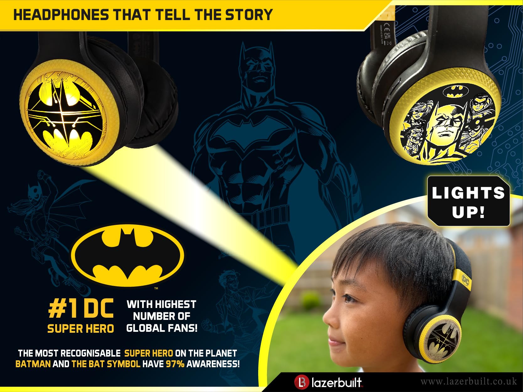 Batman DC Comics Bluetooth & Wired 2-in-1 Light-Up Headphones with Adjustable Headband, Built-in Mic for Calls - Perfect for Gaming, Movies & Superhero Fans
