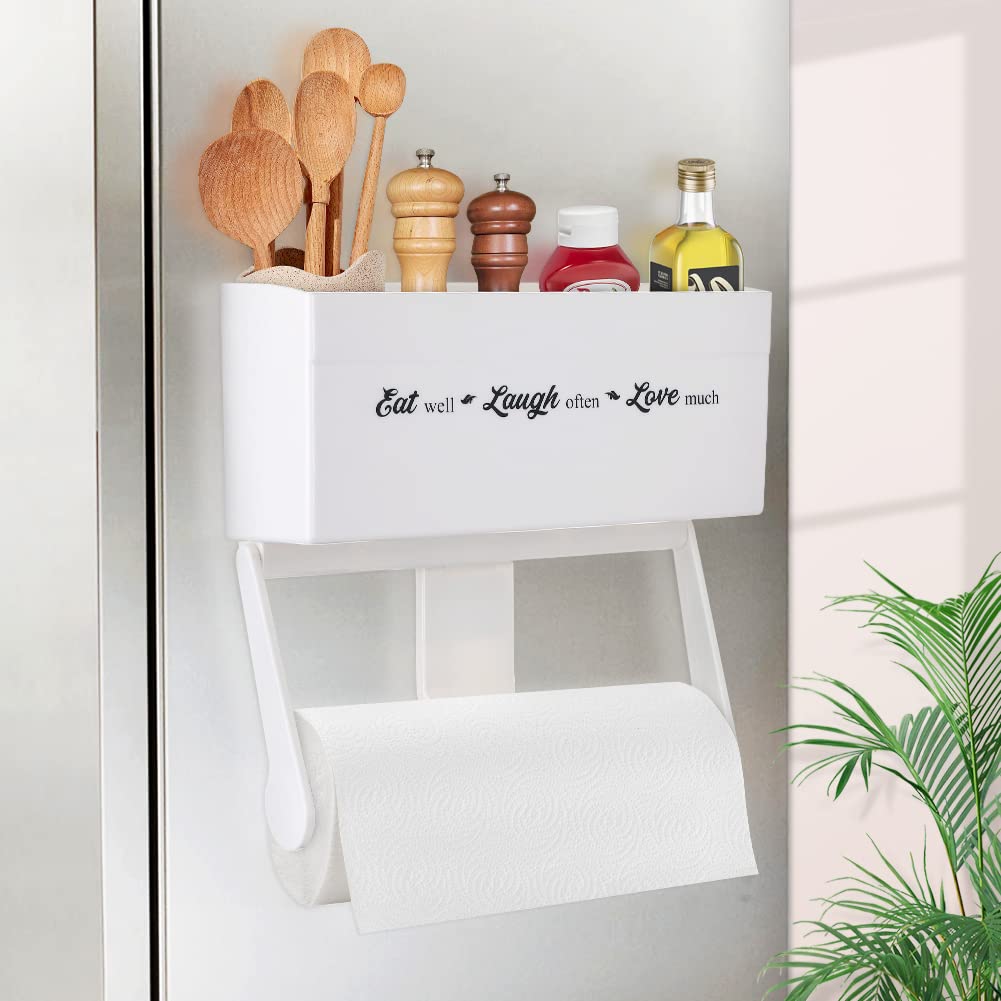 Magnetic Paper Towel Holder for Refrigerator with Storage Shelf - Heavy Duty Kitchen Organizer Rack for Regular to Jumbo Paper Towel Rolls (4.4 lbs Capacity) - Strong Fridge Mount for Metal Surfaces - Perfect for Kitchen, Pantry, RV & Office Use