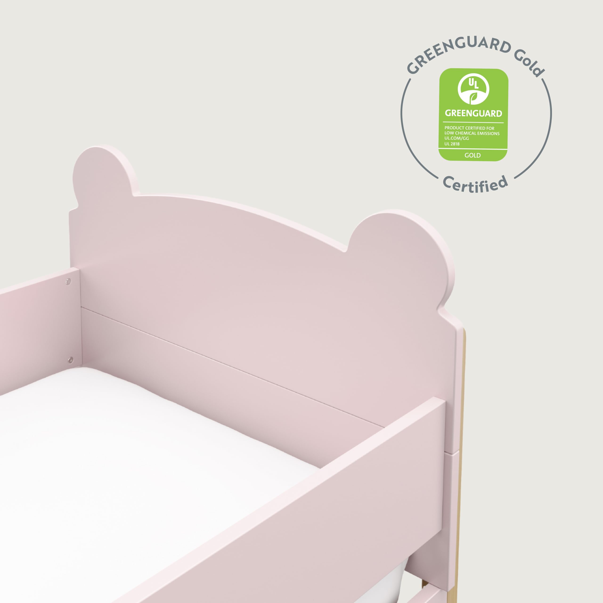 Storkcraft Teddy Bear Toddler Bed with Safety Rails - GREENGUARD Gold Certified, Blush & Driftwood 2-Tone Design, Fits Standard Crib Mattress | Cozy Nursery Furniture for Toddler's First Big Kid Bed Transition