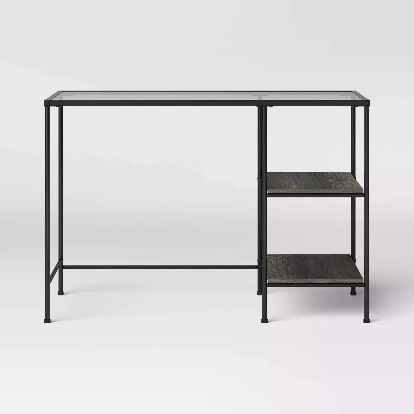 Fulham Modern Glass Top Desk with Wood Shelves - Black Home Office Desk for Small Spaces, Perfect for Study, Work, and Home Office Setup