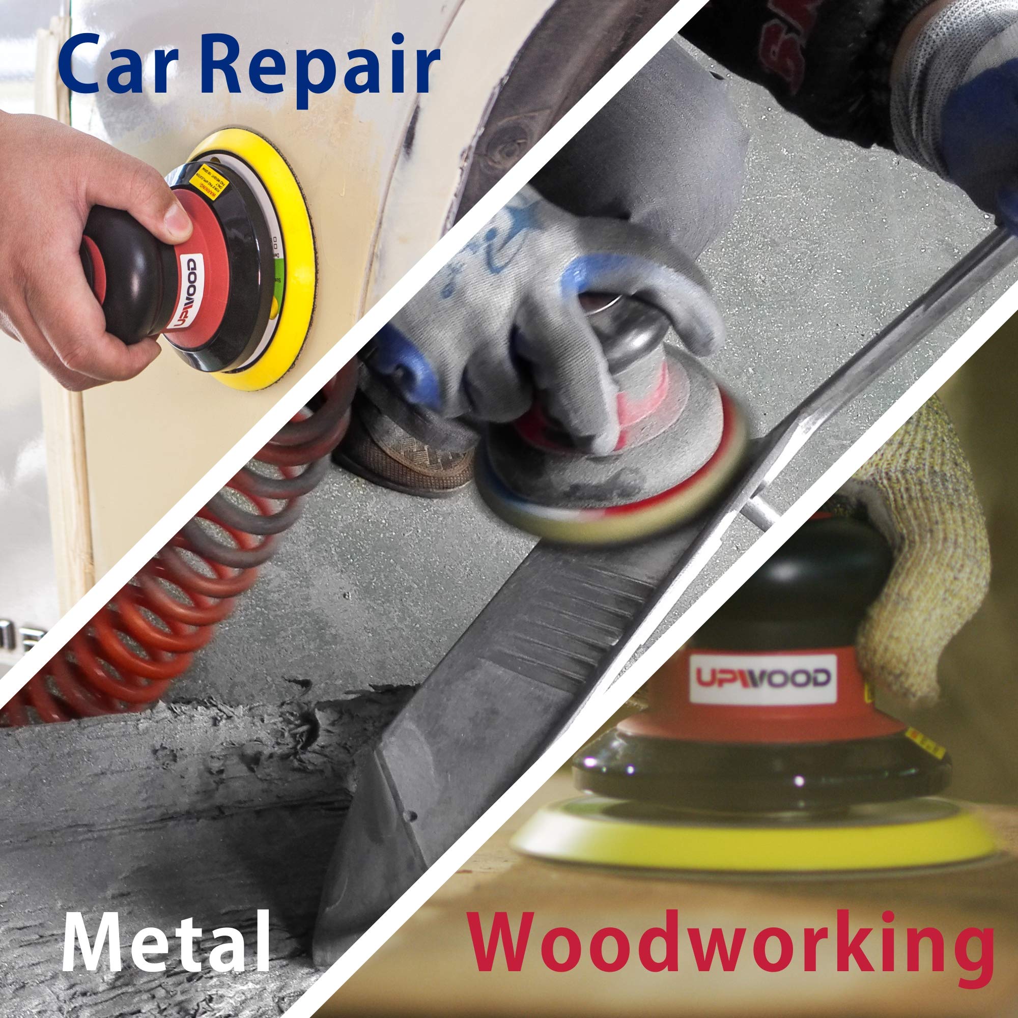 UPWOOD 6-Inch Heavy Duty Air Random Orbital Sander - Pneumatic Palm Sander with 10 Sandpapers for Auto Body, Woodworking, Metal & Composite Projects - Perfect for DIY, Furniture Refinishing & Automotive Repair