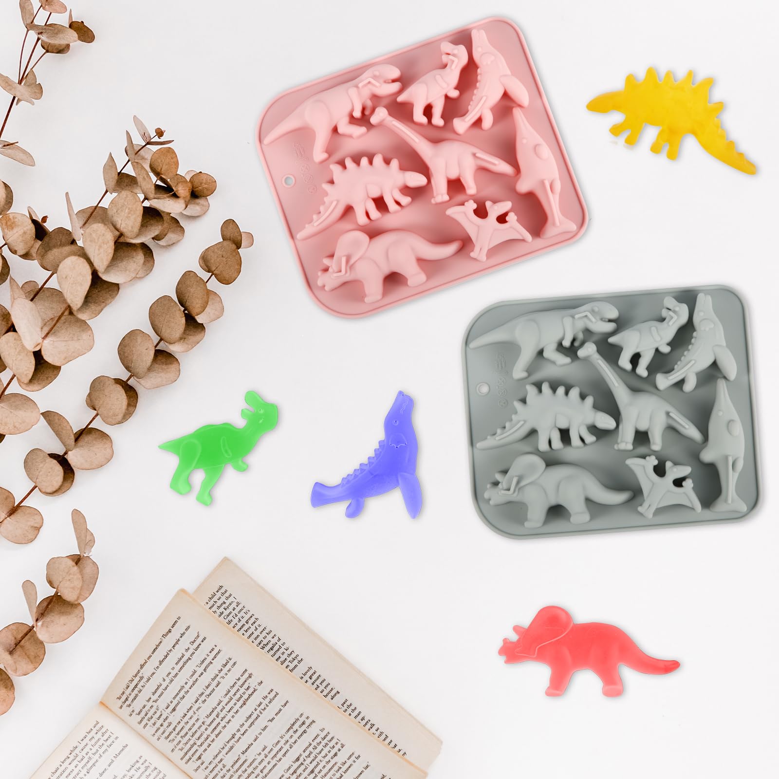 2-Pack Dinosaur Silicone Molds for Baking - 8-Cavity 3D T-Rex & Stegosaurus Cake, Chocolate, Candy, Gummy, Jello, Soap, Wax Crayon DIY Molds - Perfect for Kids Birthday Parties, Halloween Treats & Craft Projects