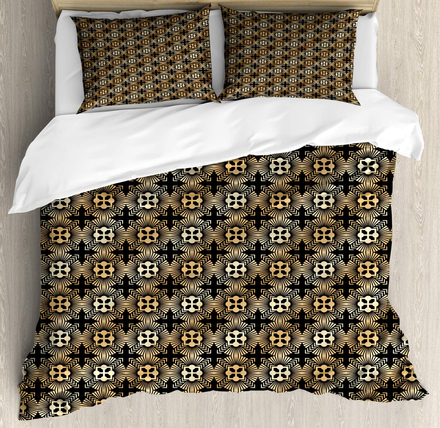 Ambesonne Art Deco Duvet Cover Set - King Size 2-Pack with 4 Pillowcases | Vintage Palmette Circular Design with Square Dot Pattern in Sand & Seal Brown | Perfect for Master Bedroom, Guest Room & Bohemian Home Decor