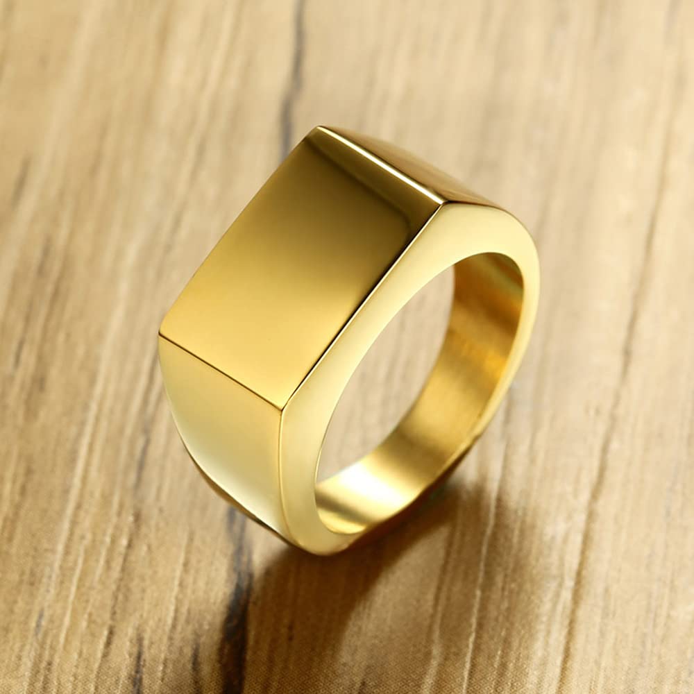 VQYSKO Stainless Steel Signet Rings for Men & Women - Solid Polished Biker Ring in Silver, Gold, Black (Sizes 4-15) | Perfect Gift for Dad, Boyfriend, Anniversary & Special Occasions | Wedding Band, Fashion Jewelry, Everyday Wear