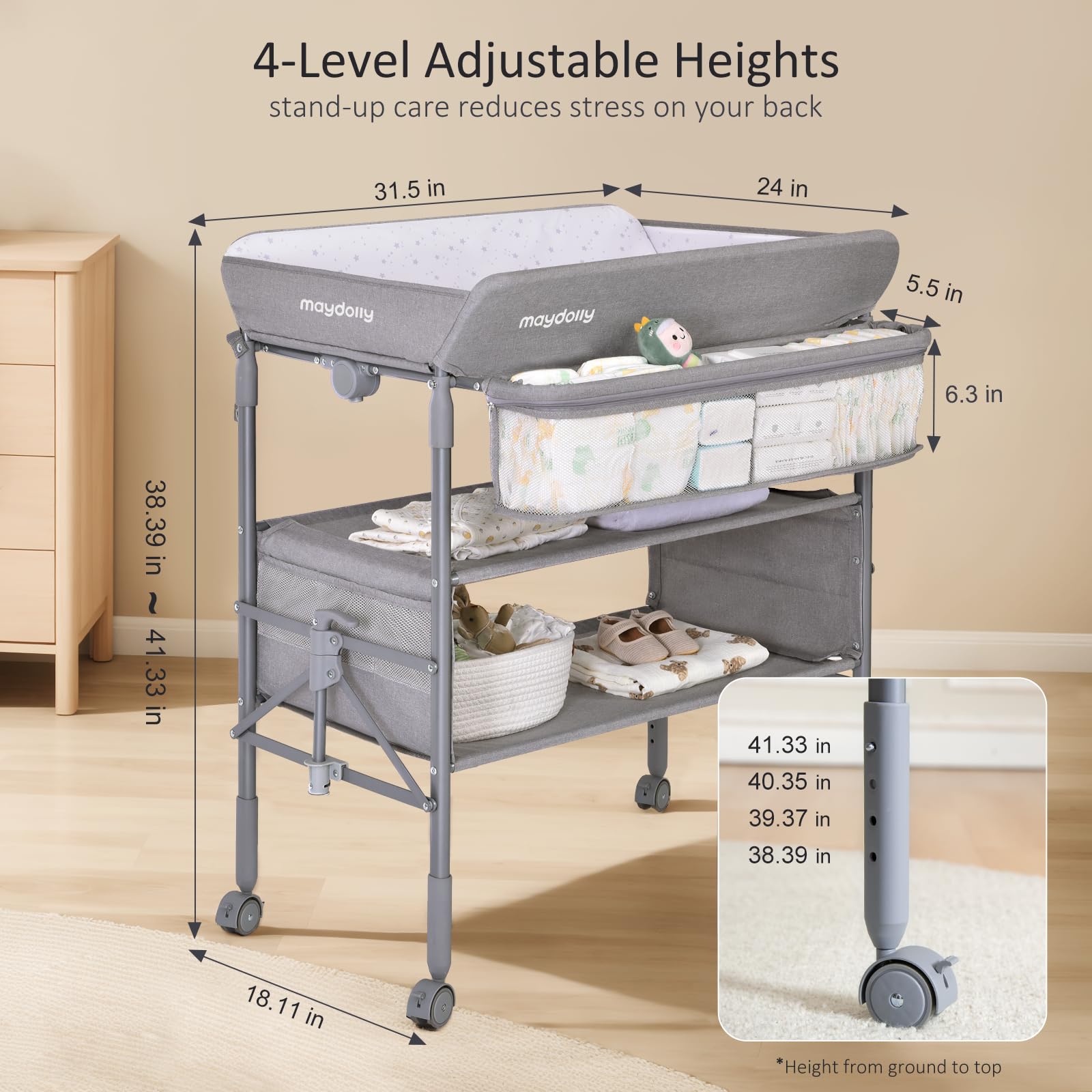 Maydolly Portable Baby Changing Table with Wheels - Adjustable Height, Waterproof Diaper Changing Station & Nursery Organizer - Foldable Design for Newborns & Infants (Grey) - Perfect for Nursery, Bedroom, and Travel Use