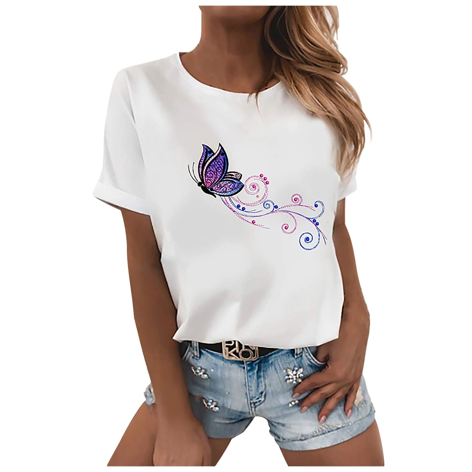 Women's Summer Casual Butterfly Print T-Shirt - Fun Short Sleeve Loose Fit Black Top for Women | Perfect for Beach Outings, Vacation Wear & Everyday Fashion