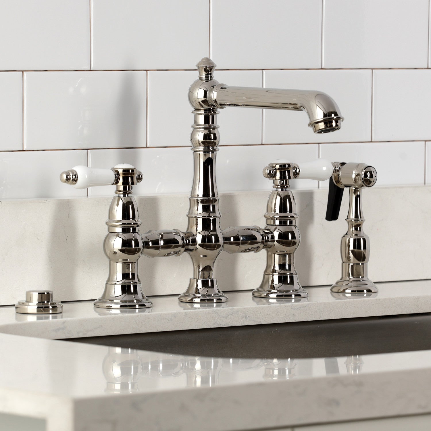 Bel Air KS7276BPLBS Two Handle 4 Hole Deck Mount Bridge Kitchen Faucet with Brass Side Sprayer, Polished Nickel - Perfect for Modern Farmhouse & Industrial Style Kitchens