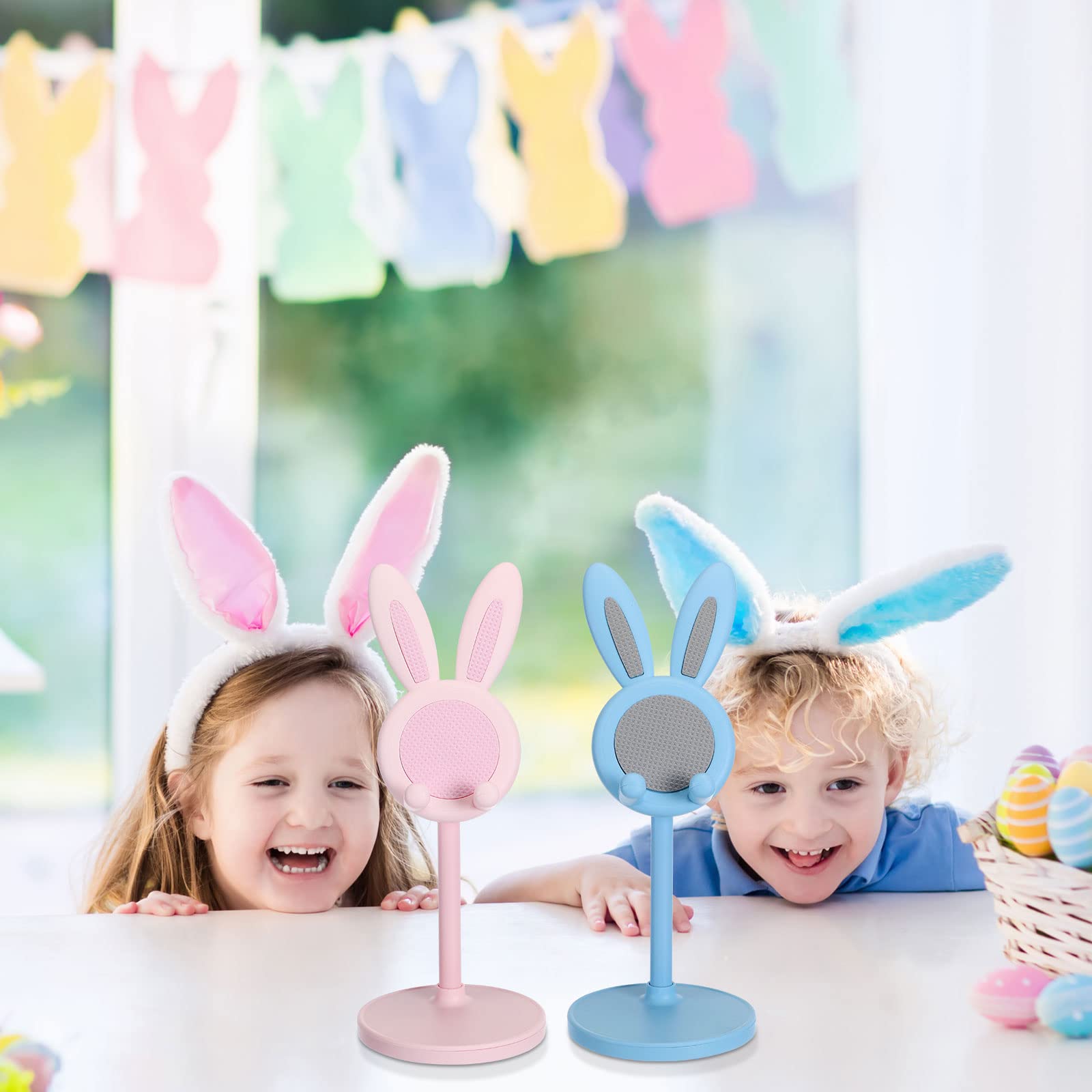 Kathfly 2 Pack Adjustable Bunny Phone Stand - Cute Kawaii Phone Holder for Desk, Easter Gift for Women & Girls (Pink/Blue) - Perfect for Watching Videos, Video Calls & Hands-Free Browsing