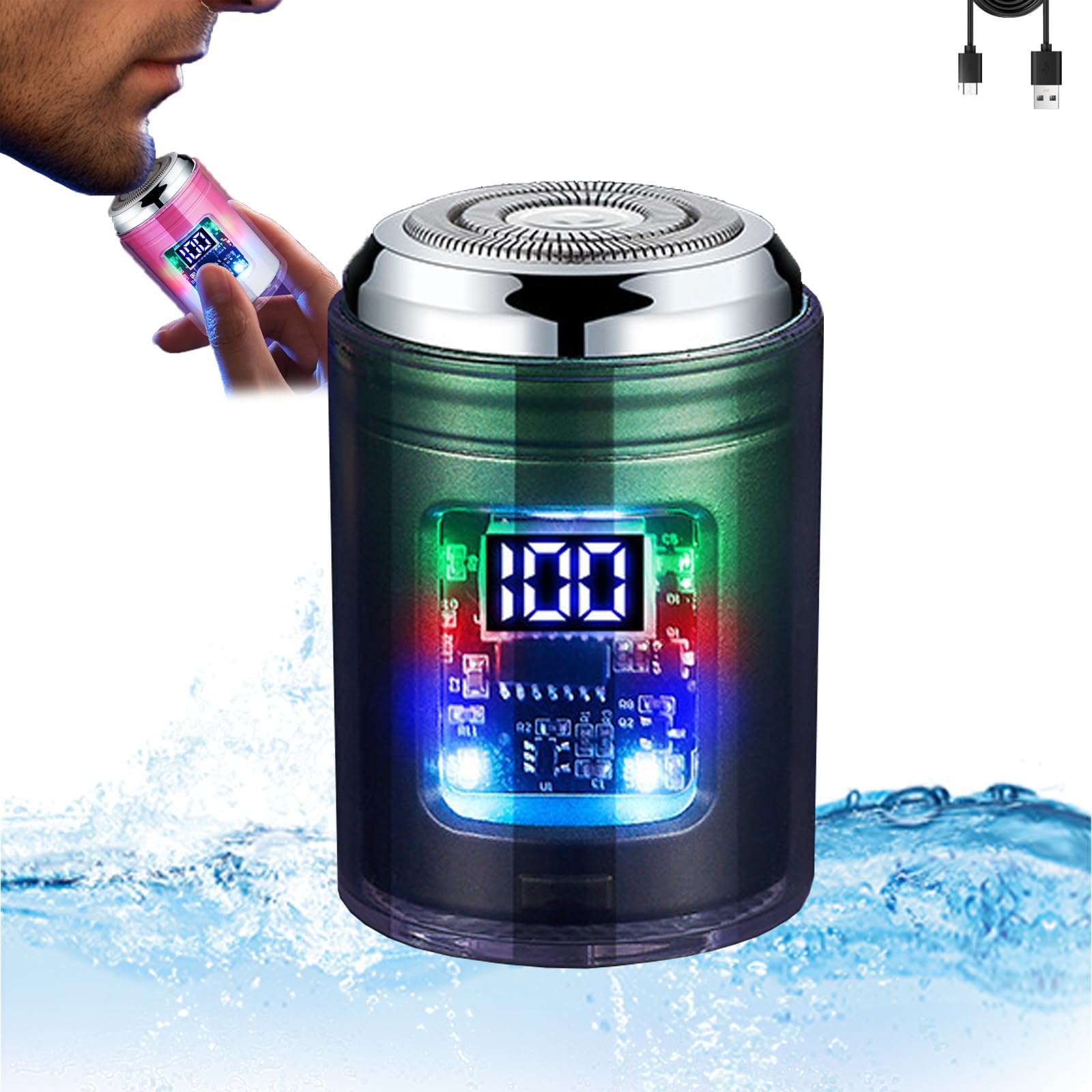 Portable Powerful Visual Digital Display Electric Shaver for Men - Mini Waterproof Shaver with LED Light & Transparent Design (Green) | Perfect for Travel, Gym & Daily Grooming