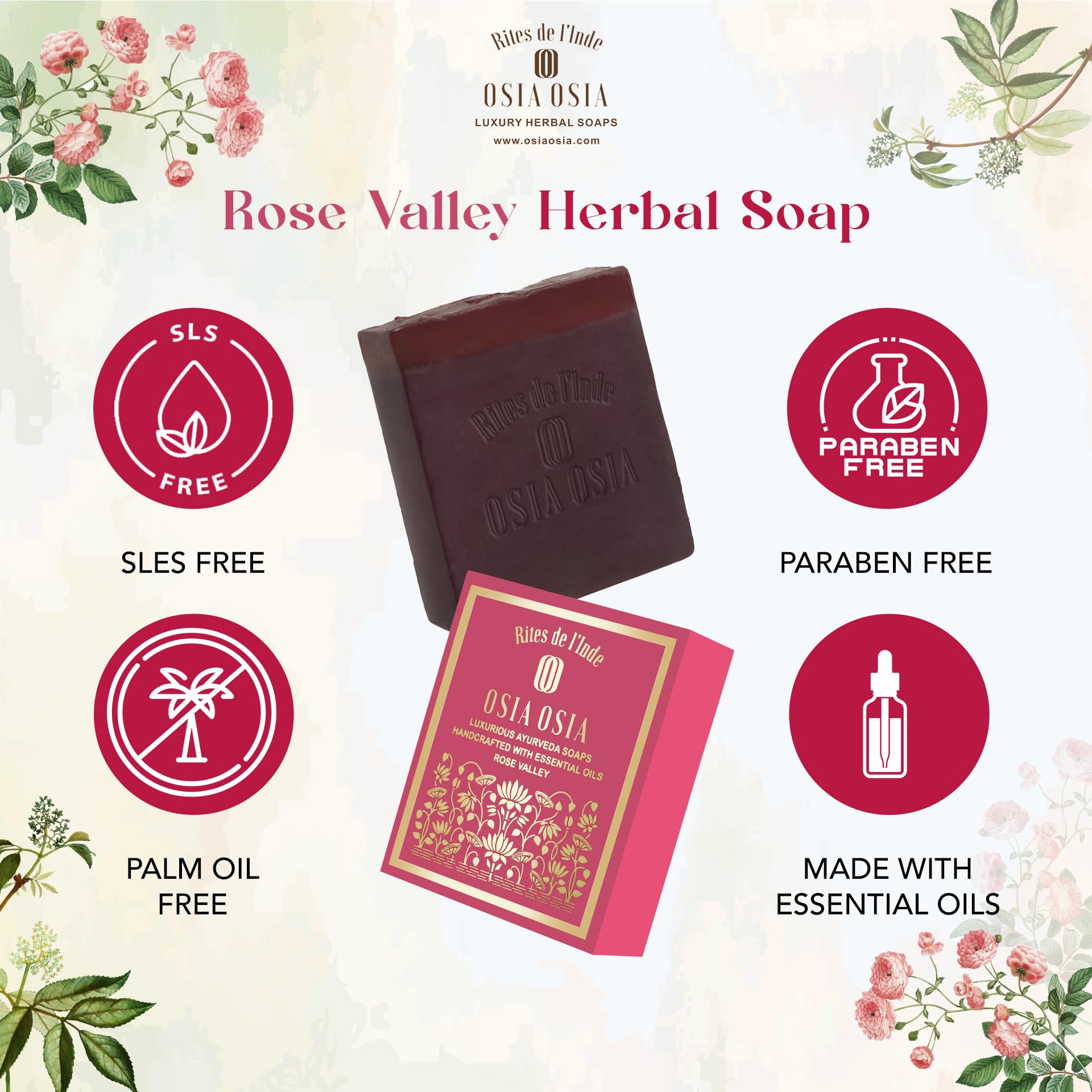 Osia Osia Ayurvedic Handmade Rose Valley Soap - Natural Moisturizing & Nourishing Bar Soap for All Skin Types | Stress Relief & Skin Inflammation Reduction | Men & Women | 125g Pack | Perfect for Daily Skincare, Spa & Relaxation at Home