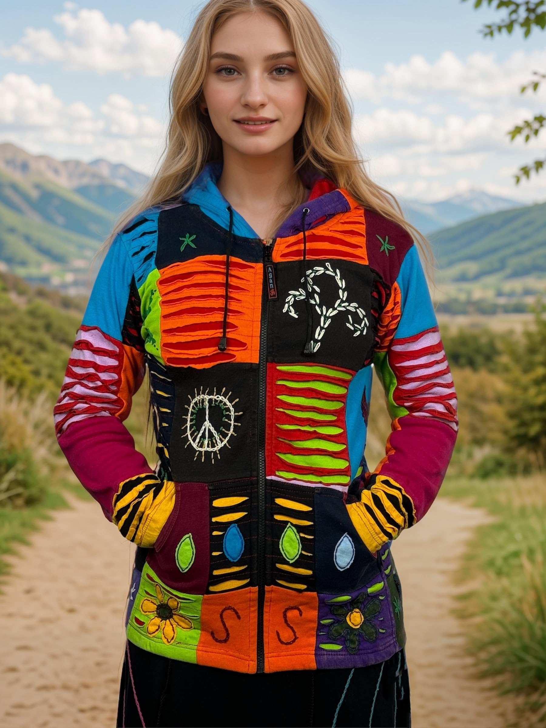 Agan Traders 2025 Spring Tie-Dye Patch Embroidered Women's Zip Up Hoodie Jacket - Trendy Free-Spirited Fashion for Casual Wear, Street Style & Outdoor Activities
