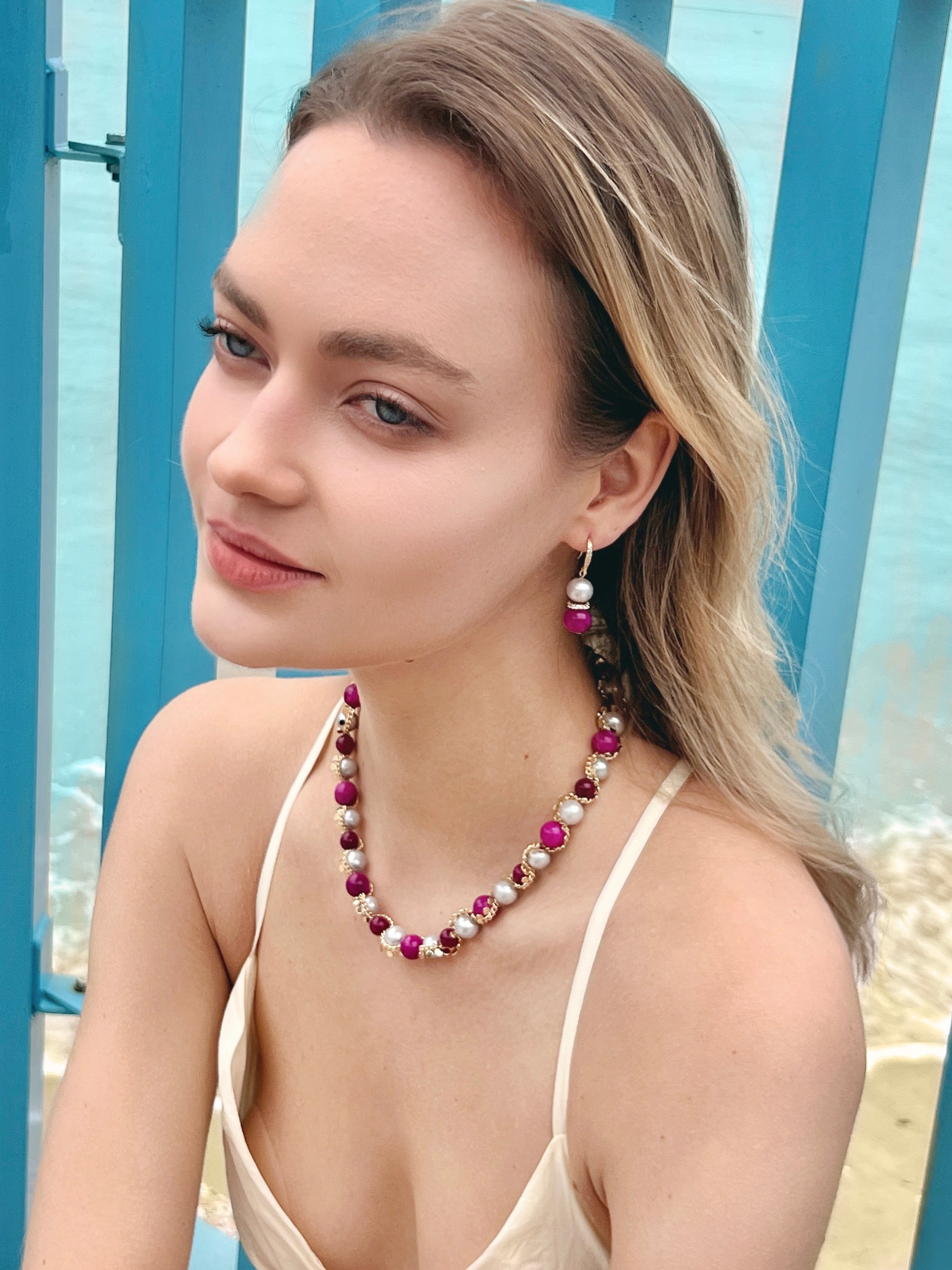 Elegant Gray Freshwater Pearl & Magenta Gemstone Stud Earrings LE012 – Perfect for Weddings, Parties & Special Occasions