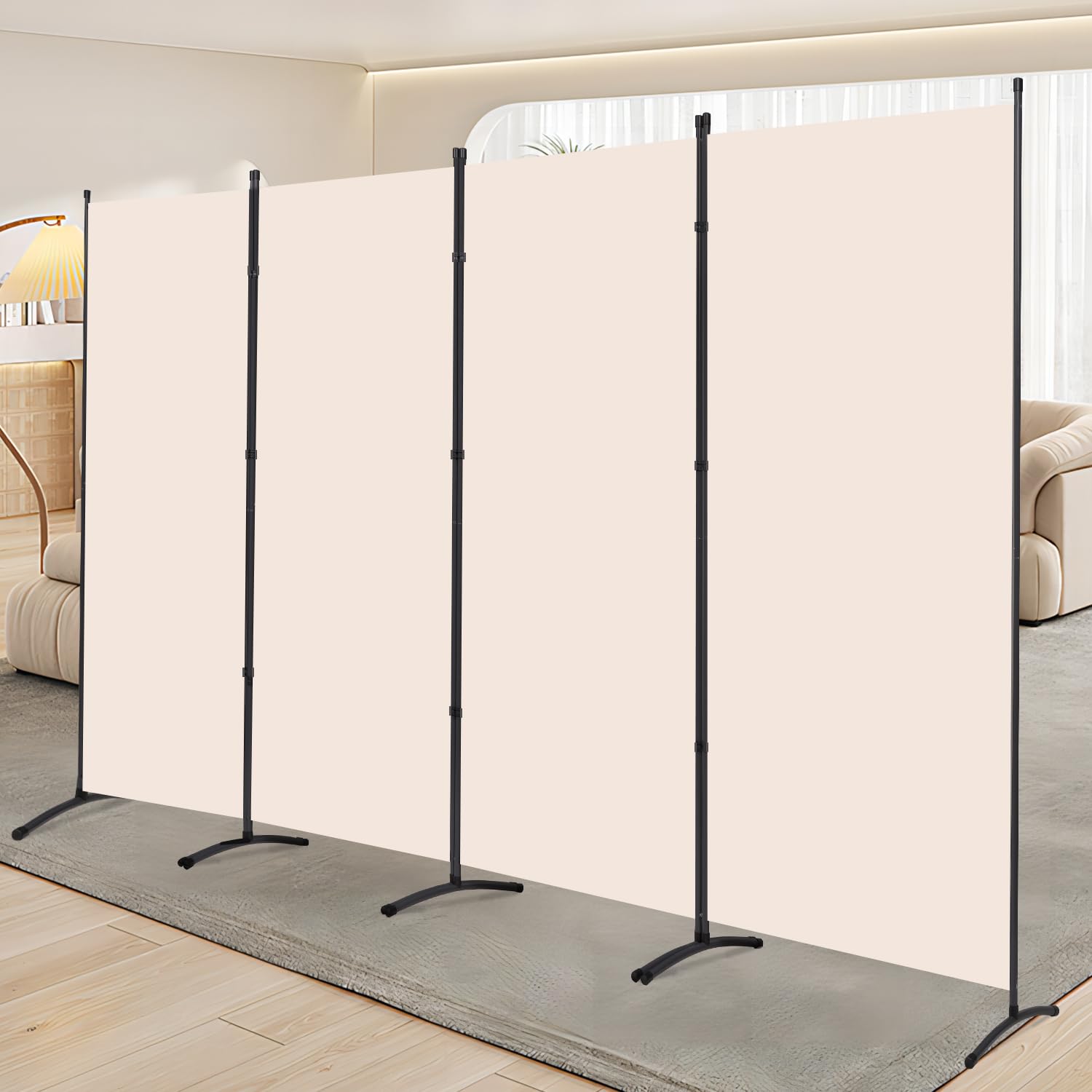 YASRKML 4-Panel Folding Room Divider Privacy Screen - Portable Freestanding Partition Panel for Home Office, Bedroom & Living Room Separation - Beige Fabric Room Dividers for Privacy & Space Organization