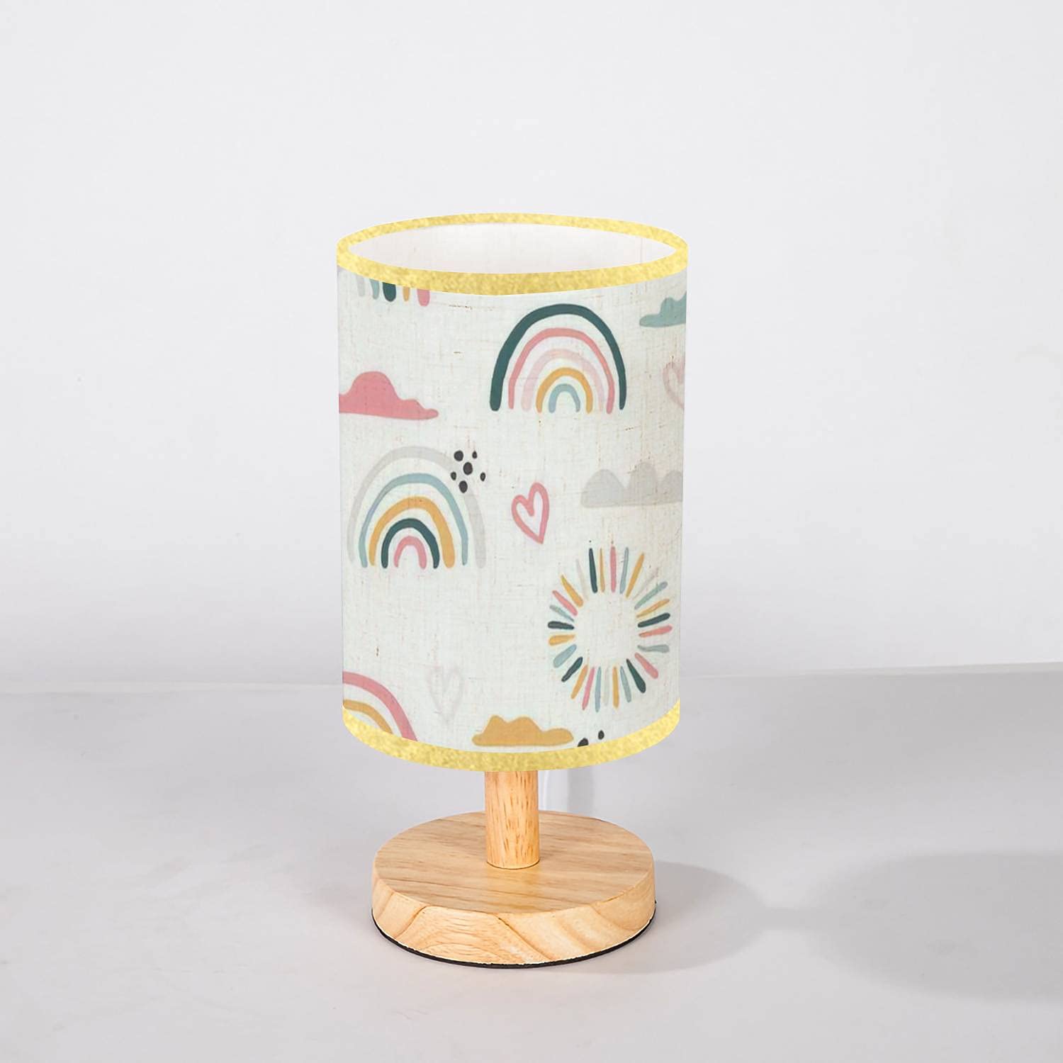 Minimalist Wooden Bedside Table Lamp with Hand-Drawn Rainbow & Sun Design - Natural Flaxen Fabric Shade for Nightstand, Desk, Bedroom & Living Room - Perfect for Nursery Decor, Cozy Reading Nook & Modern Home Lighting