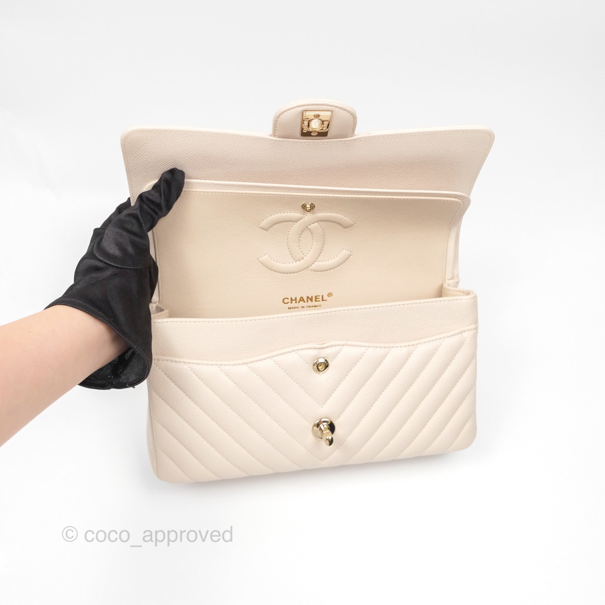 Chanel Classic Medium Double Flap Bag Chevron Light Beige Caviar Leather Gold Hardware 20B - Luxury Designer Handbag for Women, Perfect for Work, Evening Events & Special Occasions