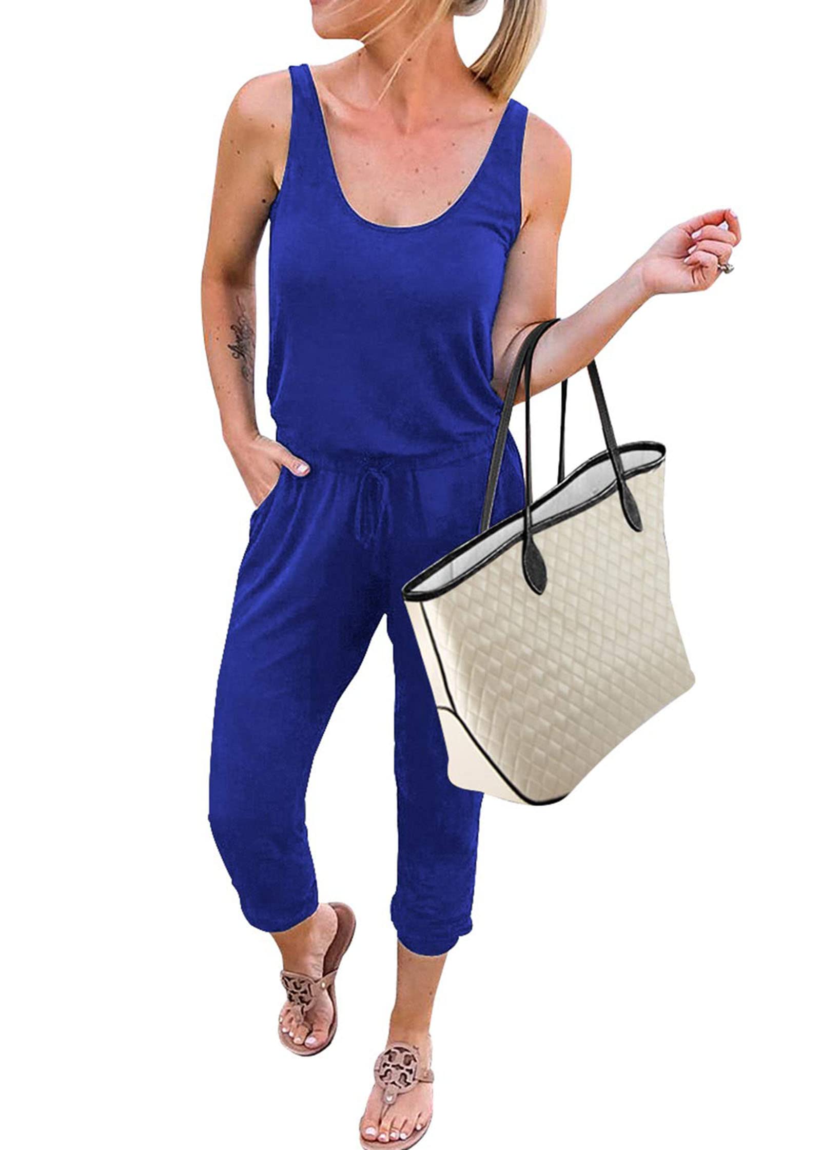 KIRUNDO Women's 2025 Summer Sleeveless Jumpsuit - Casual Elastic Waist Romper with Drawstring & Pockets - Perfect for Beach, Vacation, and Lounge Wear